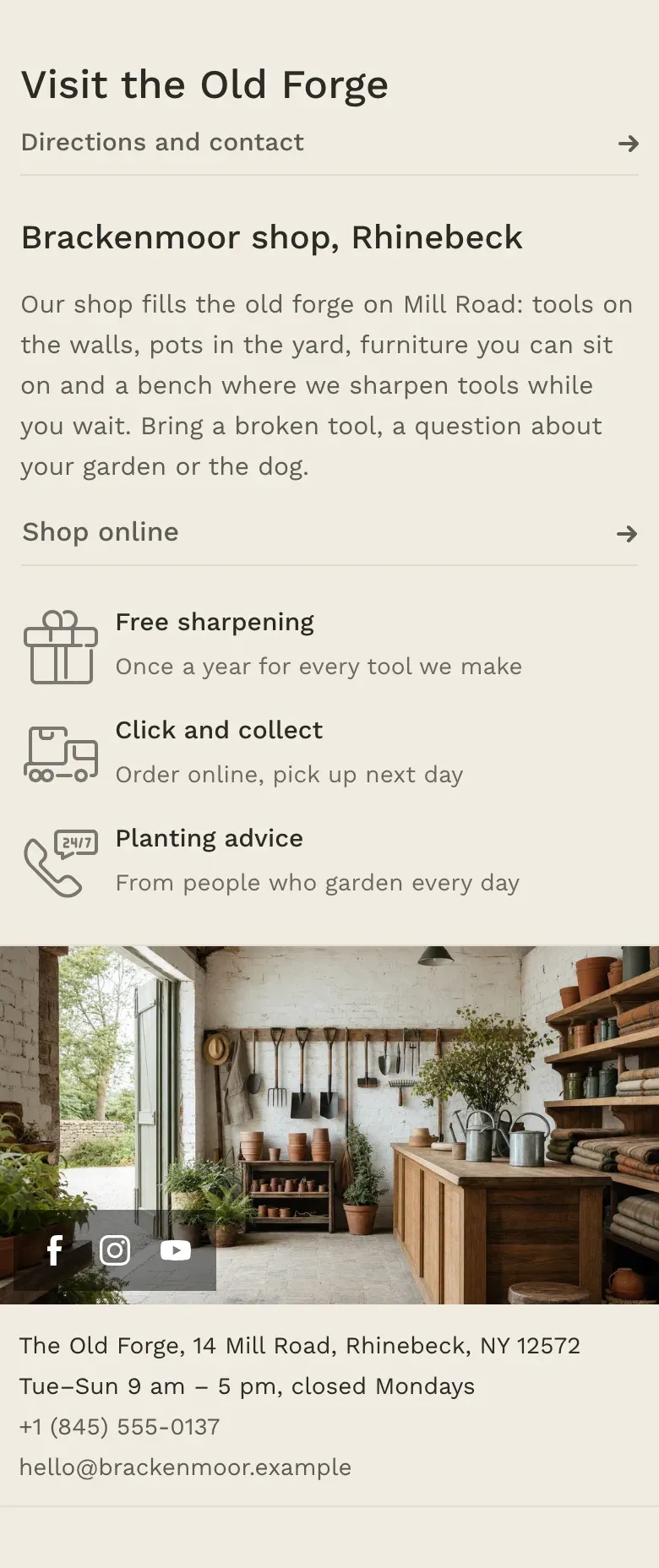 The same section on a phone: the heading and links aligned left with full-width lines under them, the advantages one per row, and the contact card under the text, spanning the full screen width.