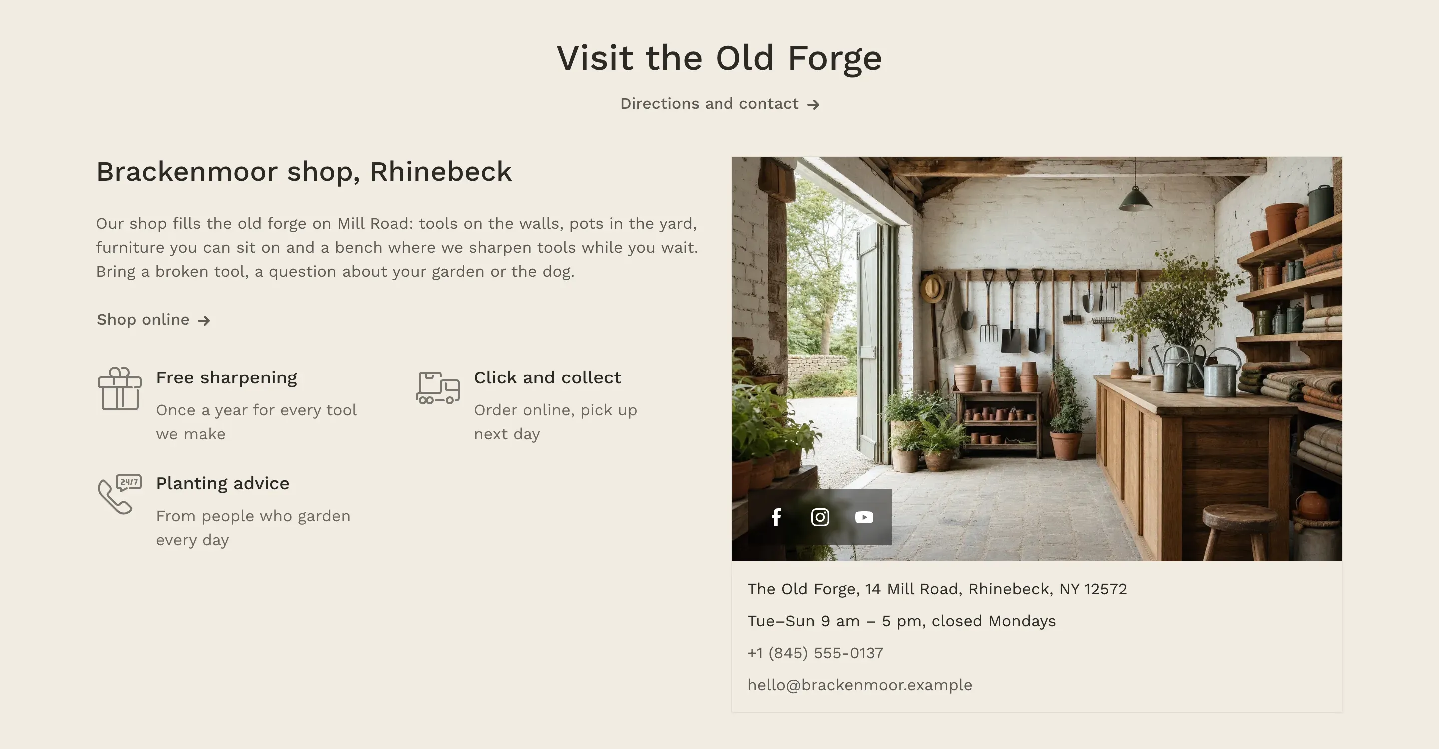 About us section with the heading “Visit the Old Forge” and a “Directions and contact” link. On the left: a subheading, a paragraph about the shop, a “Shop online” link and three advantages with icons. On the right: a contact card with a photo of the shop, Facebook, Instagram and YouTube icons on the photo, and the address, opening hours, phone number and email below it.
