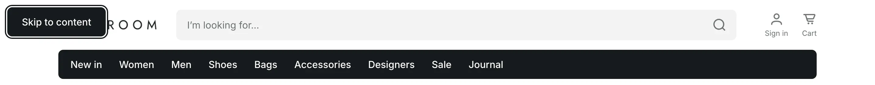 Top of a store page with a dark “Skip to content” button outlined in the top-left corner over the header.