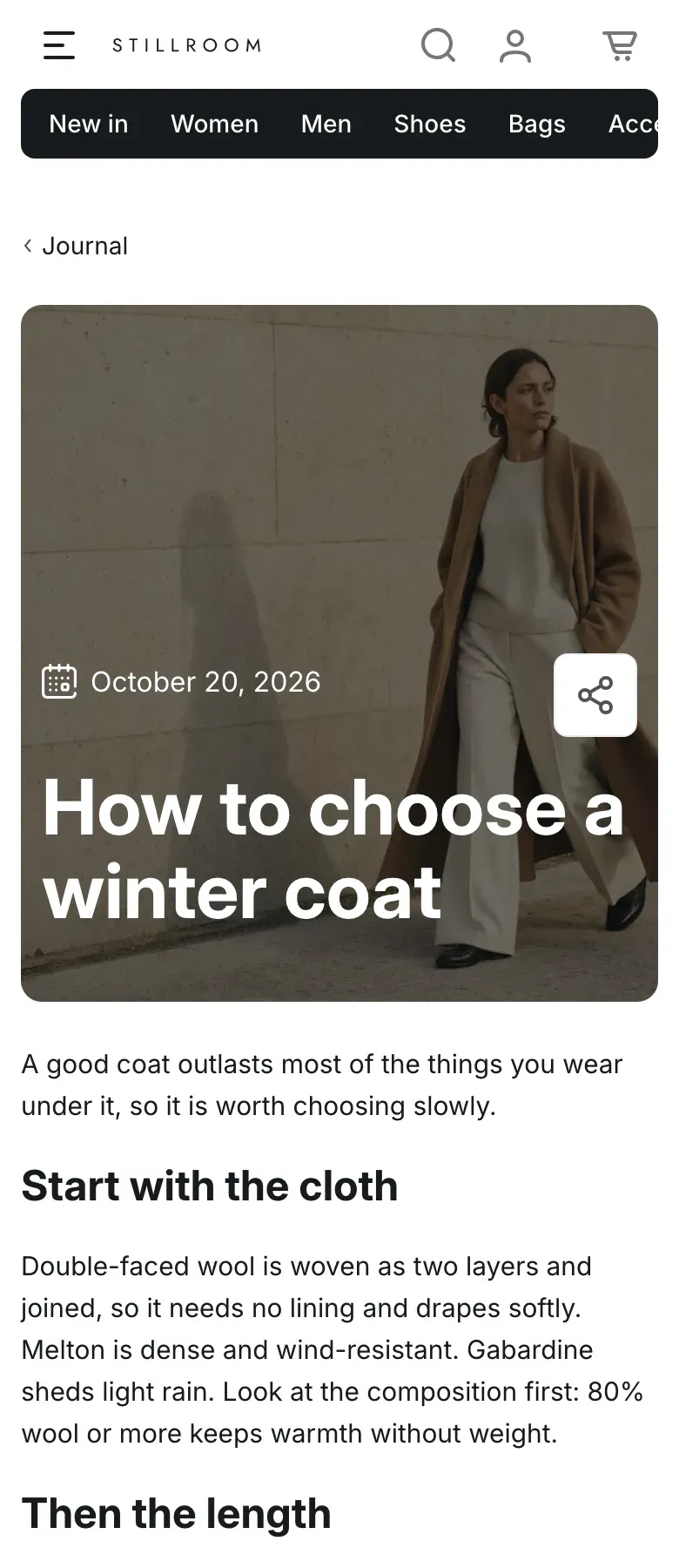 Mobile blog post: a back link to the blog, the post image with the date, a share button and the white title, then the post text.