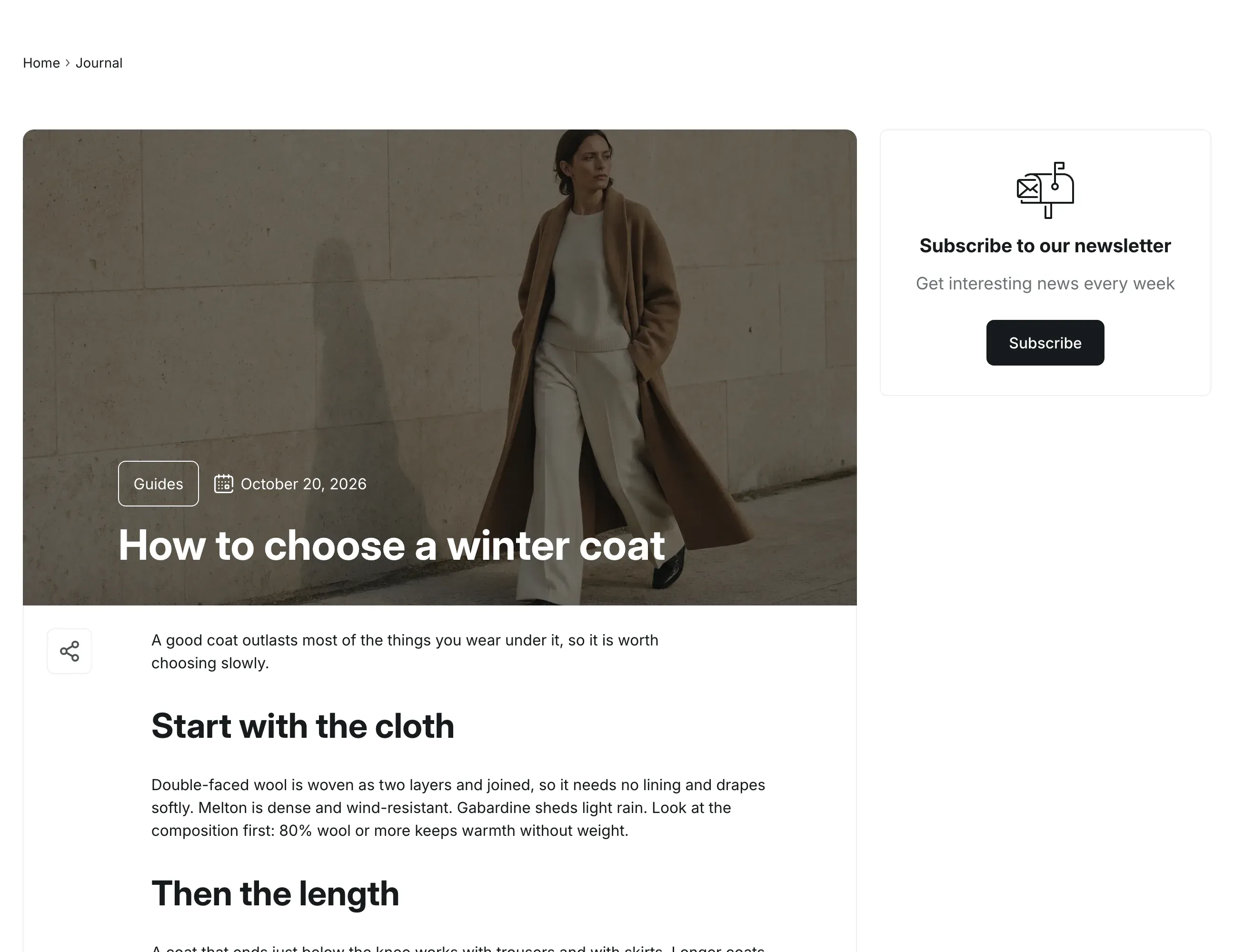 Blog post in the Image header layout: the post image under a dark overlay with a Guides tag, the date and a large white title, then the post text with a share button on its left, and a newsletter card on the right.