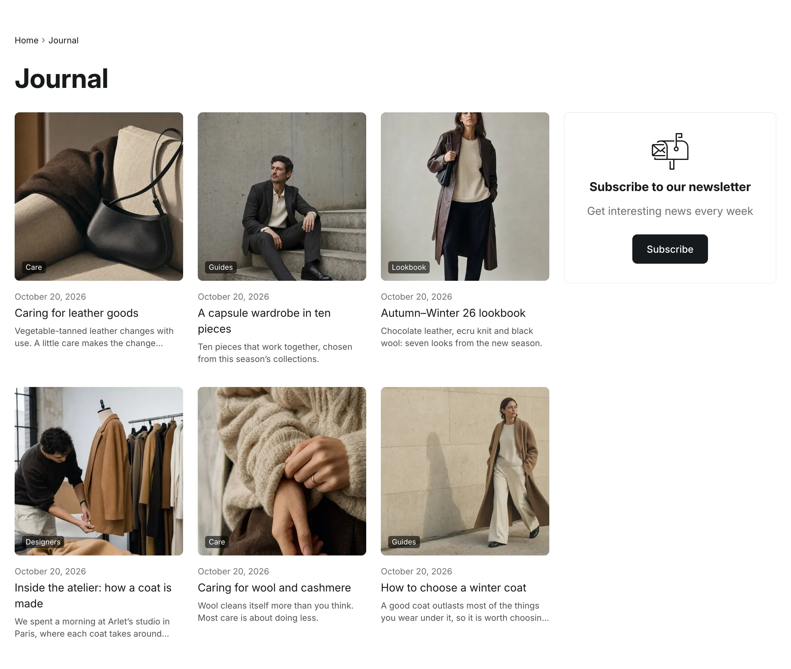 Blog page: breadcrumbs, the blog title, two rows of three post tiles with square images, tag labels, dates, titles and short excerpts, and a newsletter card with a mailbox icon and a Subscribe button on the right.