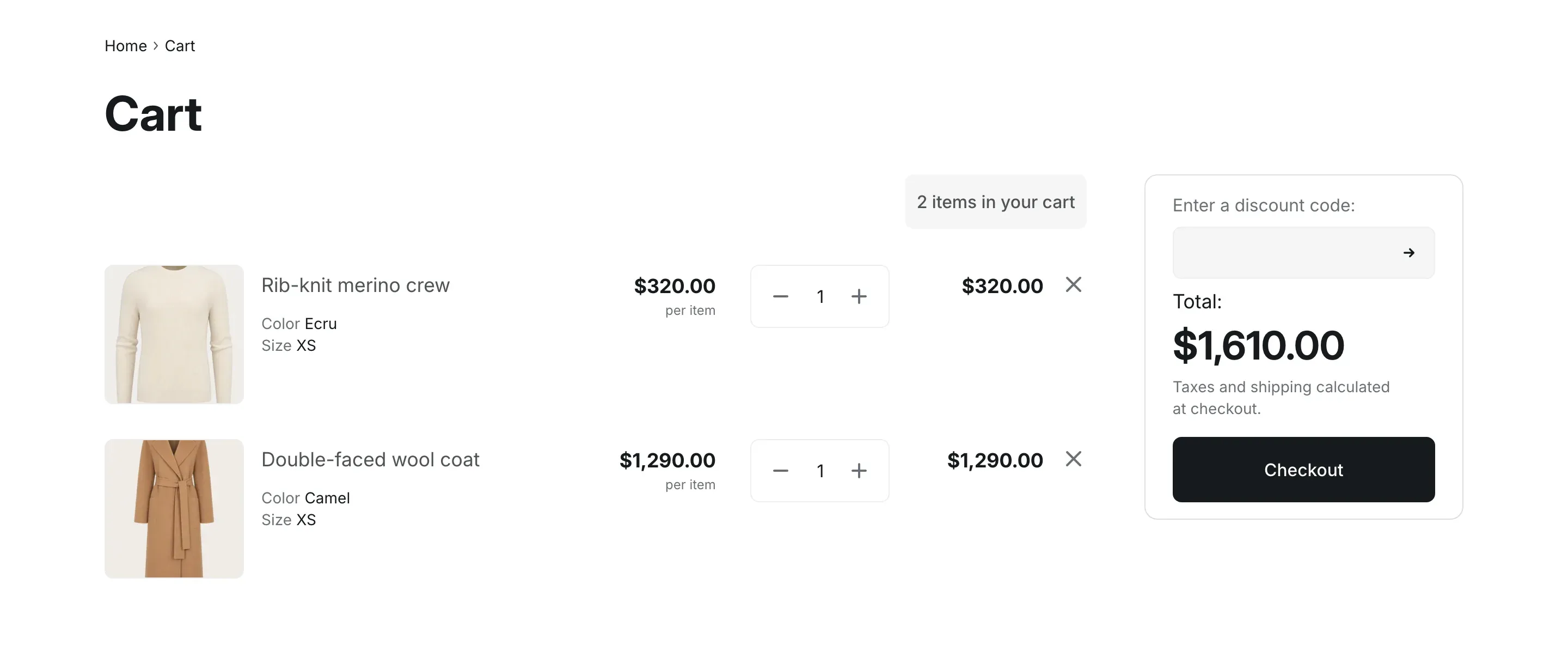 Cart page with two products: a merino crew and a wool coat, each with a photo, color and size, the price per item, a quantity selector, the line total and a remove button. On the right, a box with a discount code field, the total of $1,610.00, a note about taxes and shipping, and a Checkout button.