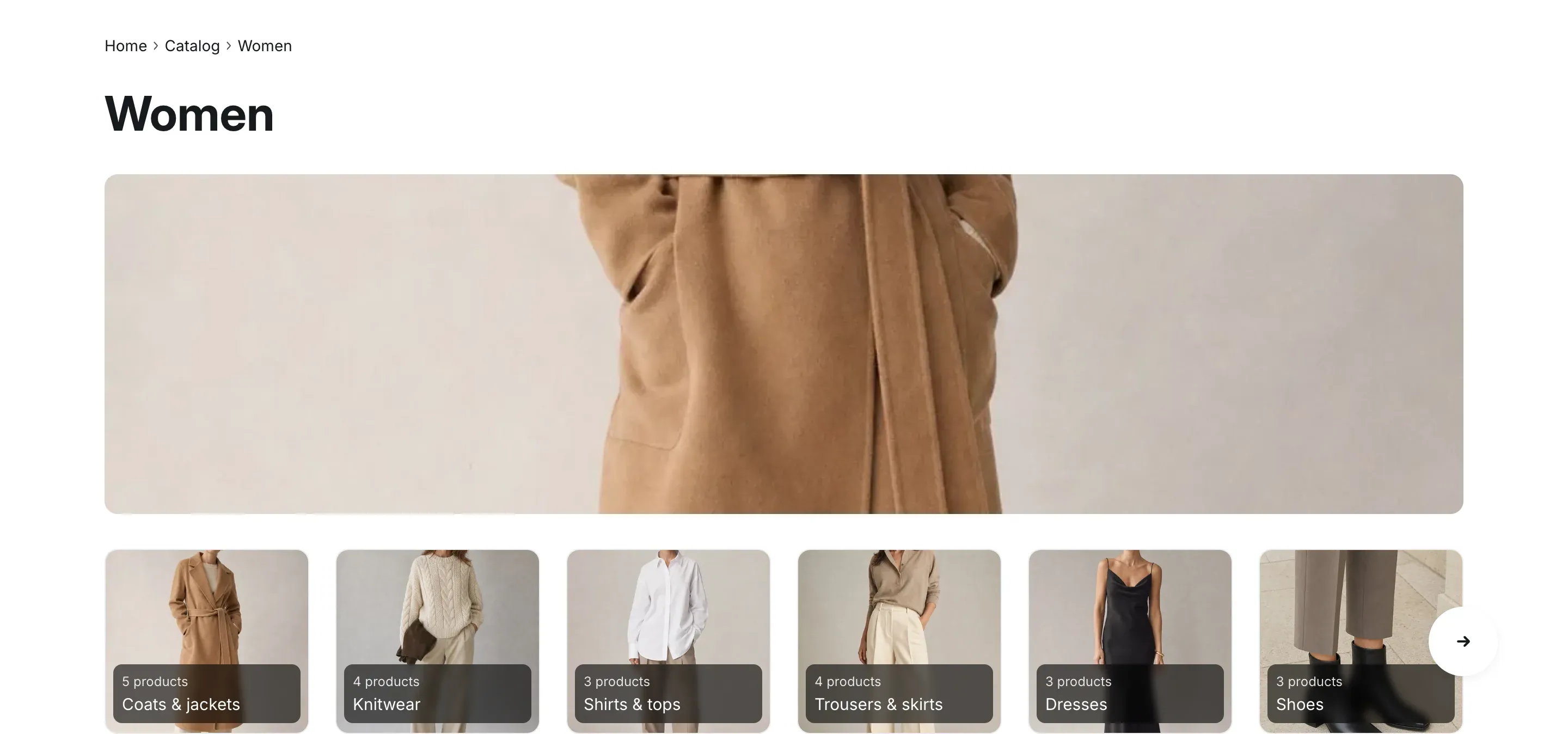 Collection page with breadcrumbs, the collection title, a wide banner and a row of subcategory tiles with product counts.