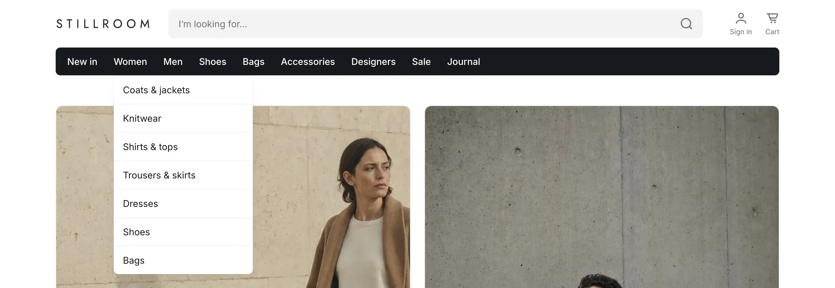 Header with a dark band of catalog links. The Women item is hovered and shows a dropdown with Coats & jackets, Knitwear, Shirts & tops and more.