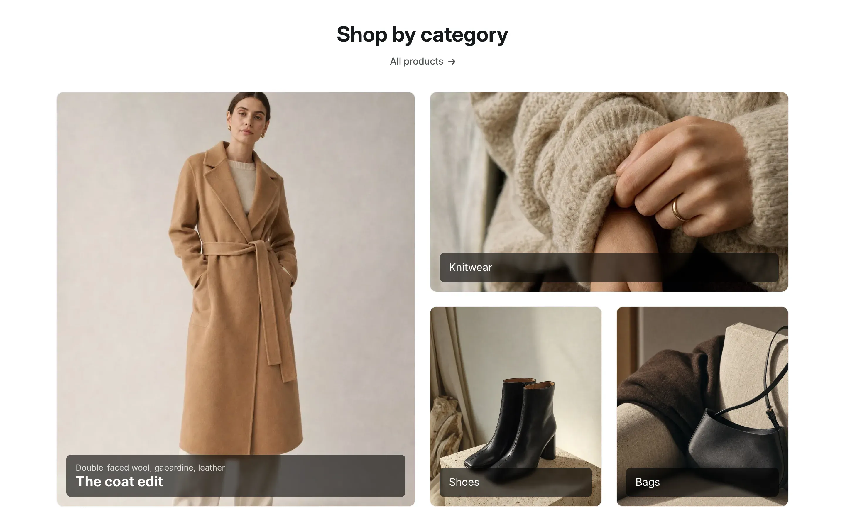 A collage under the heading Shop by category: a large tile with a coat on the left, a wide Knitwear tile at the top right and two smaller tiles, Shoes and Bags, below it.