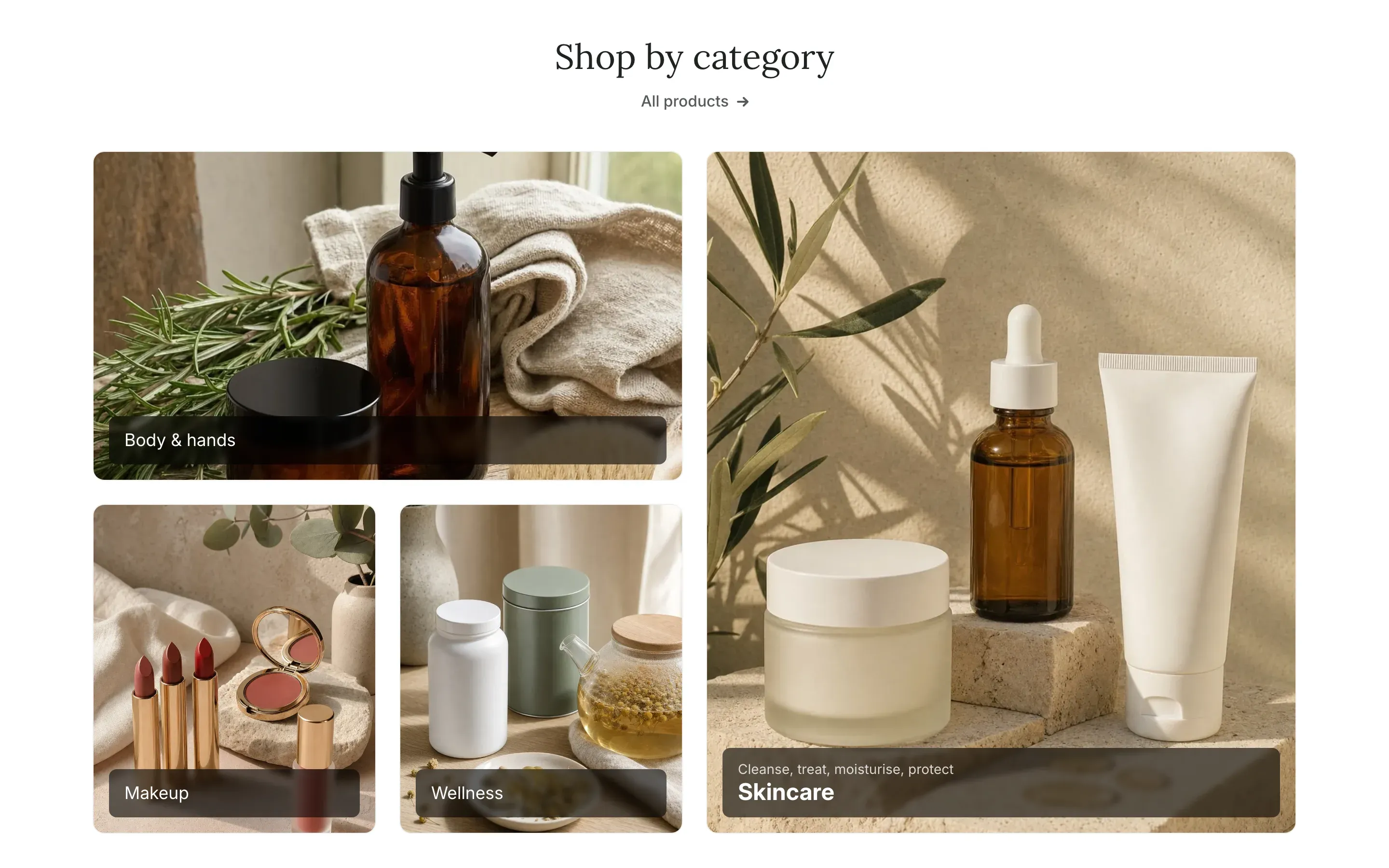 The same collage with the large Skincare tile on the right and three smaller tiles on the left.