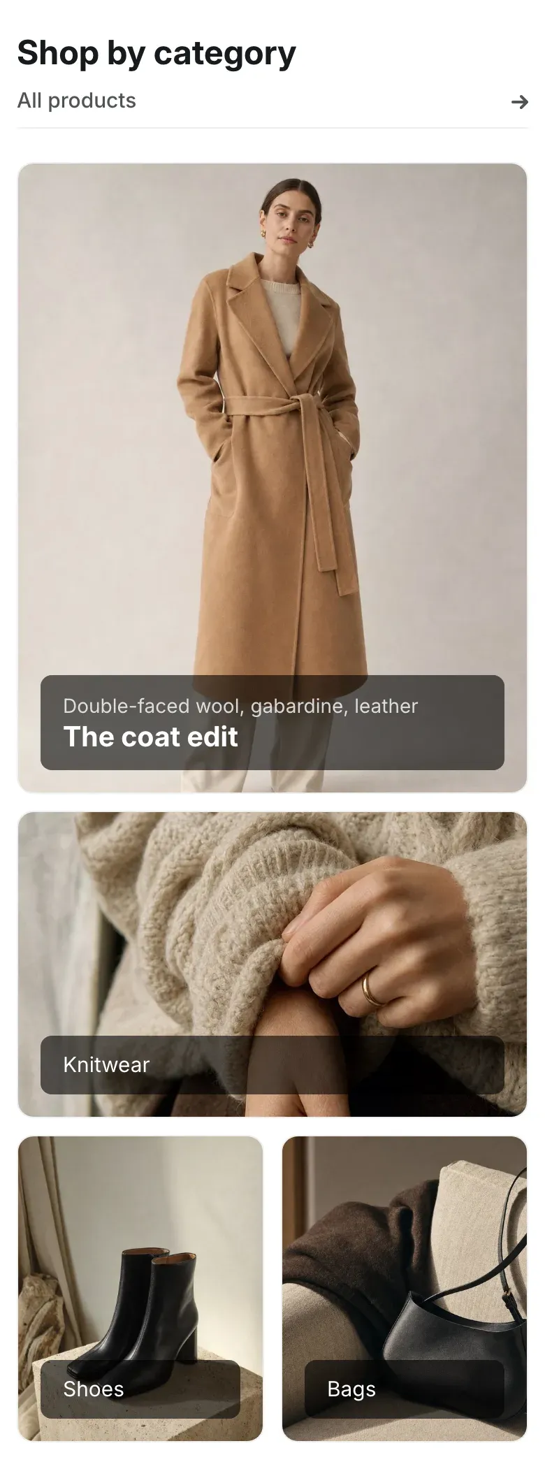 Mobile collage: a tall full-width tile, a wide Knitwear tile below it and two small tiles side by side.