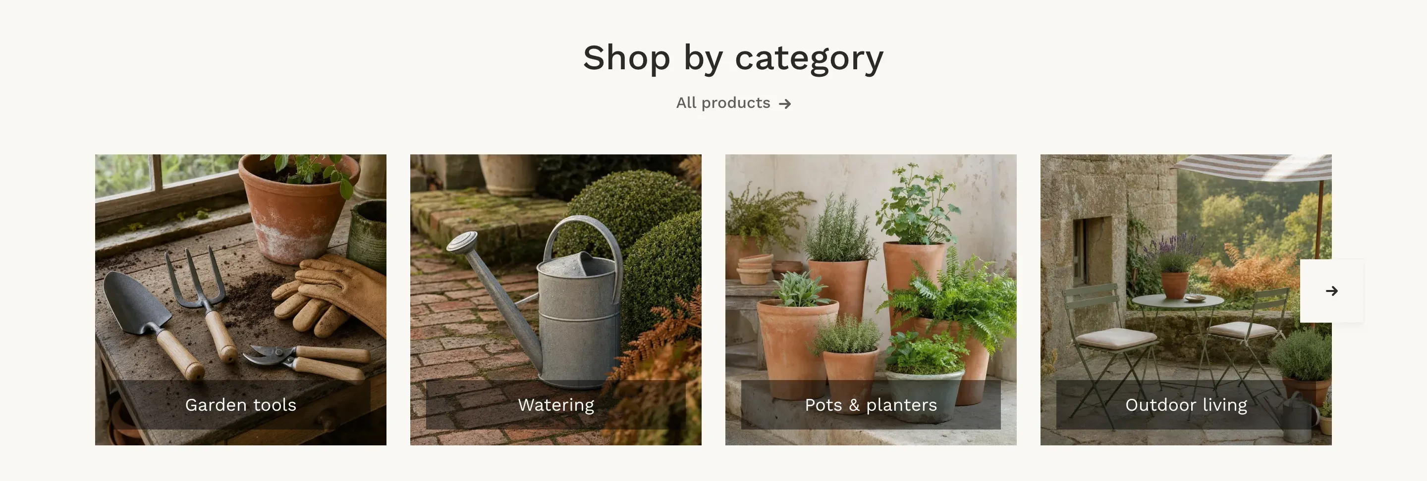 A Collection list section in the Slider layout with the Photo with caption card style: the heading “Shop by category”, an “All products” link and four square photo cards titled Garden tools, Watering, Pots & planters and Outdoor living, with an arrow button on the right.