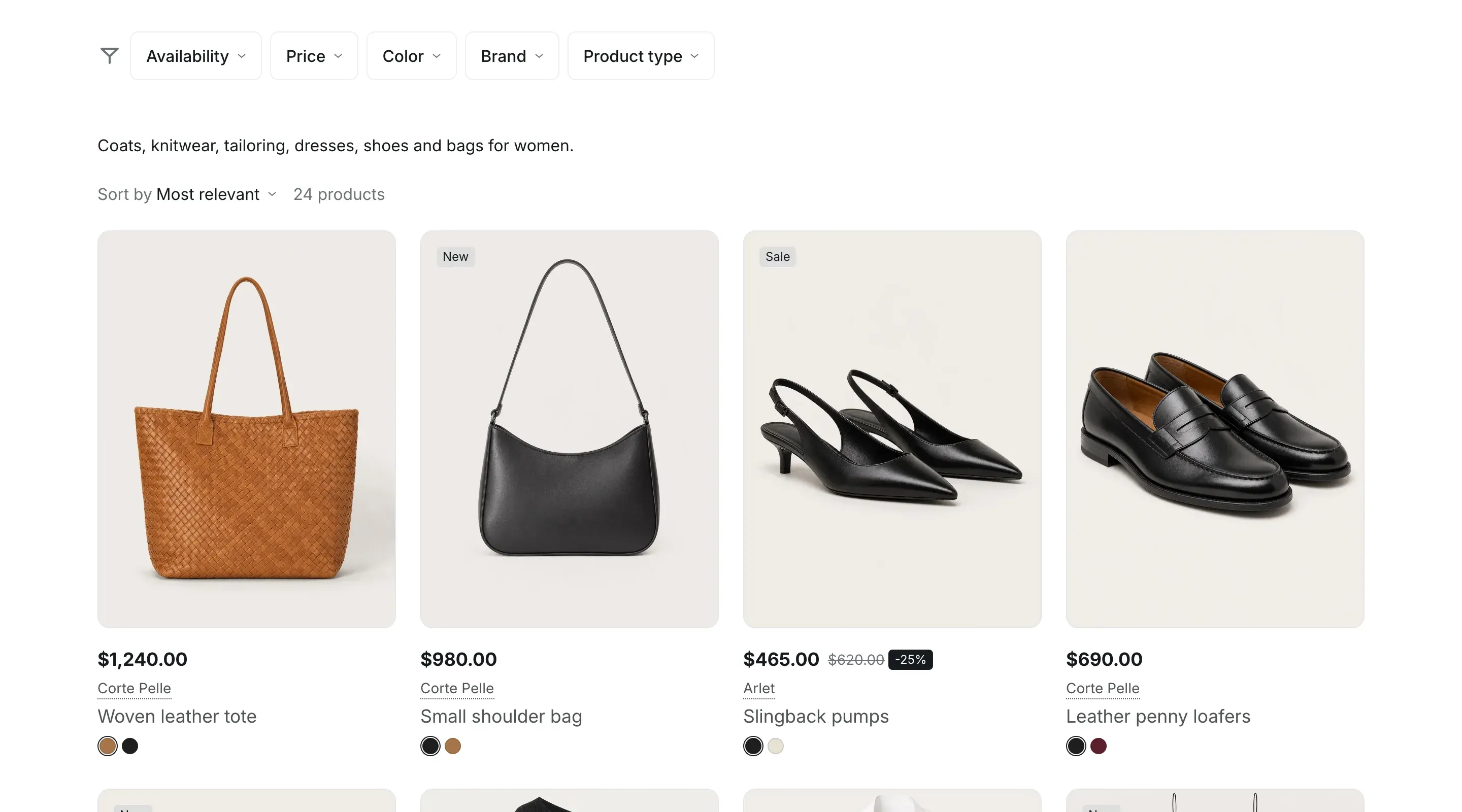 Collection products with the Above products filter layout: a row of Availability, Price, Color, Brand and Product type dropdowns, the collection description, a sort menu with the product count, and a four-column product grid.