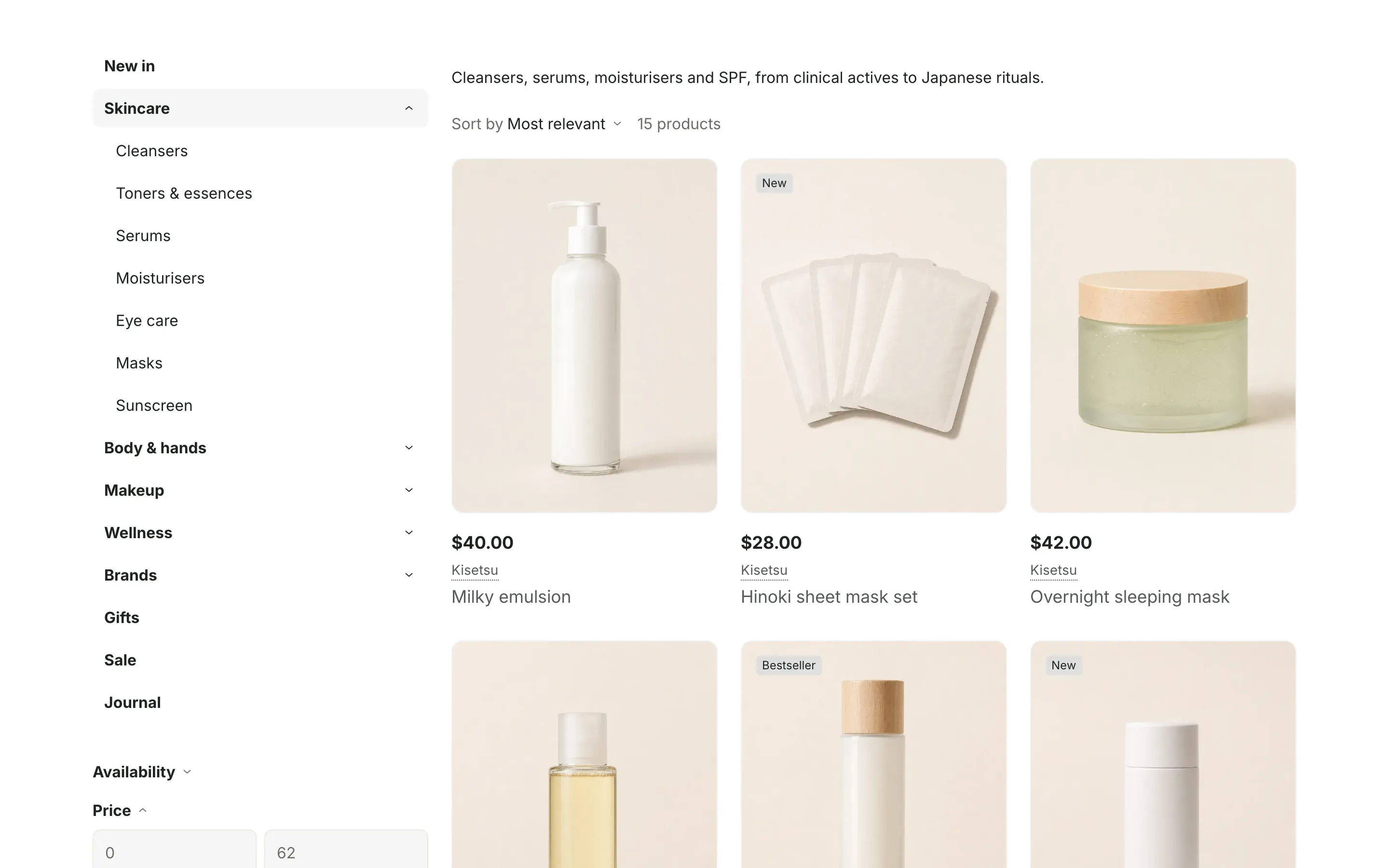 Collection products with the Sidebar filter layout: the catalog menu on the left with the Skincare branch open, Availability and Price filters below it, and a three-column product grid with a sort menu and the product count above it.