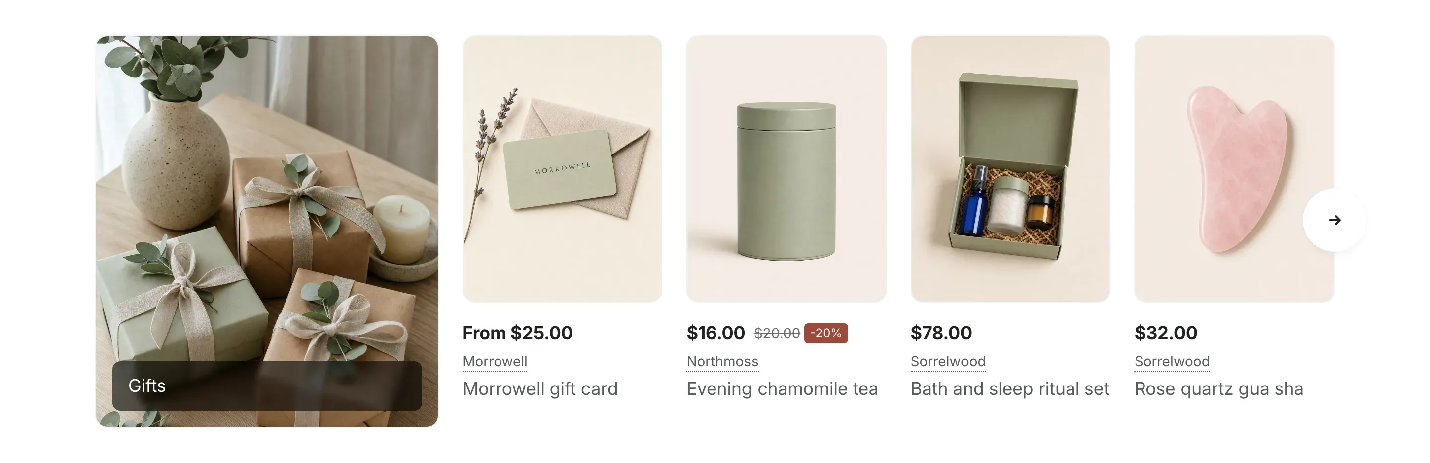 A Collection with products section: a photo tile with the caption “Gifts” on the left and four product cards with prices, brand names and titles on the right, with an arrow button.