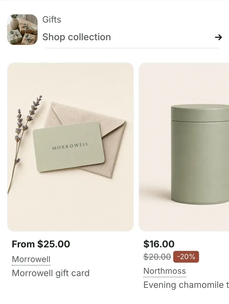 The same section on a phone: a small square thumbnail with the collection title and a “Shop collection” link above a row of product cards that continues past the screen edge.