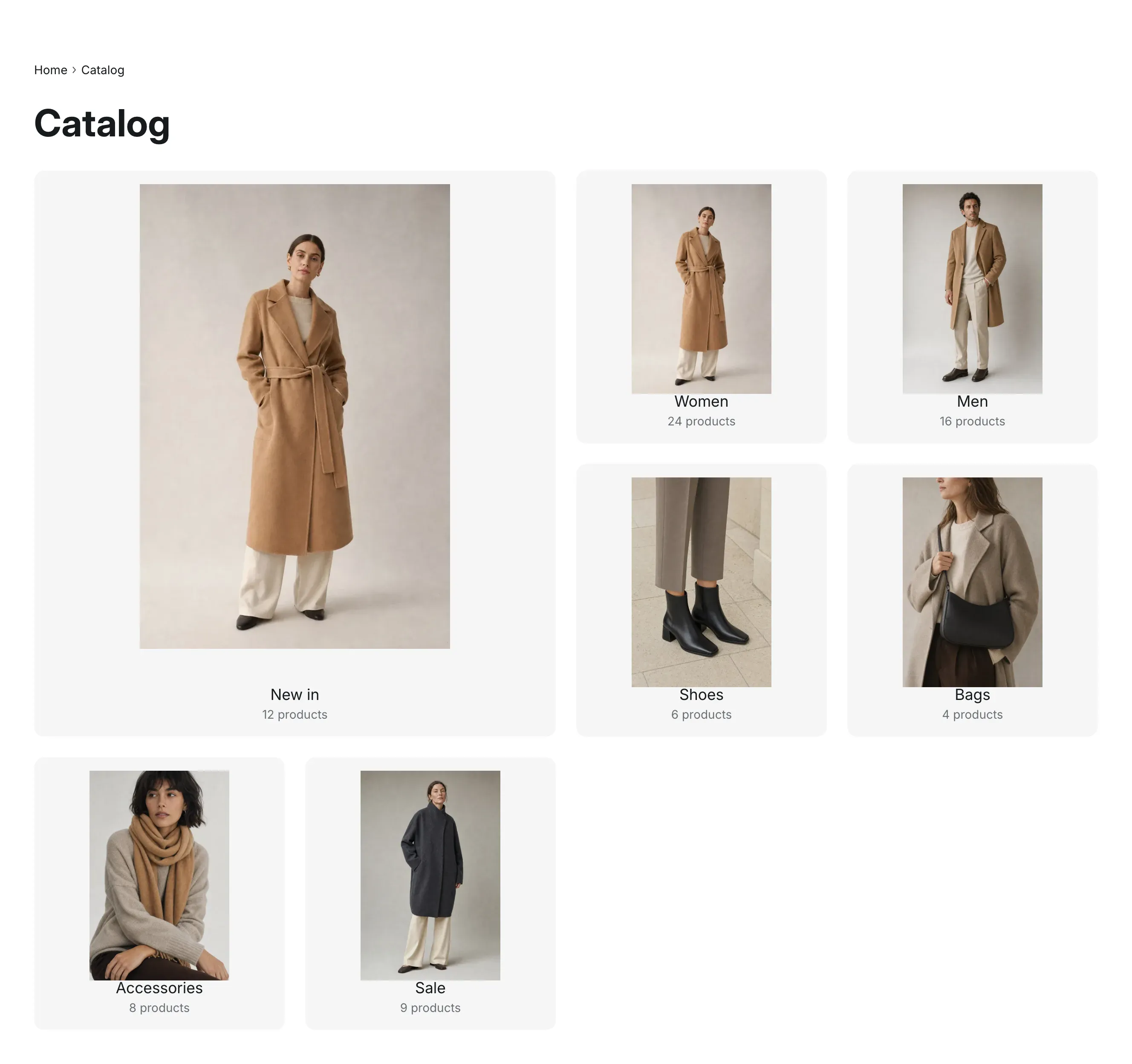 Catalog page: breadcrumbs, the Catalog title and a grid of collection cards. New in is a large card on the left, Women, Men, Shoes and Bags form a 2 by 2 group next to it, and Accessories and Sale follow in the next row. Each card shows a photo, the title and the product count.