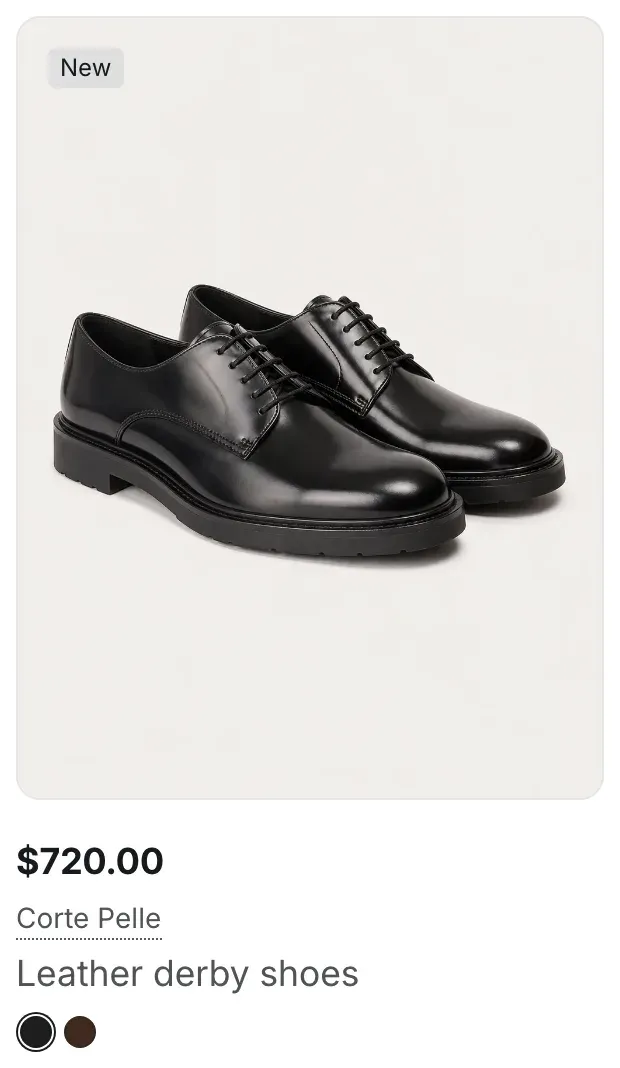A product card with a New label, the price, the brand, the title Leather derby shoes and two swatches, black and dark brown.