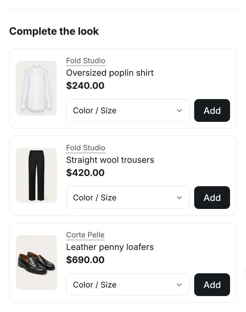 Complete the look block with three rows: an oversized poplin shirt, straight wool trousers and leather penny loafers, each with a photo, brand, price, a Color / Size menu and an Add button.