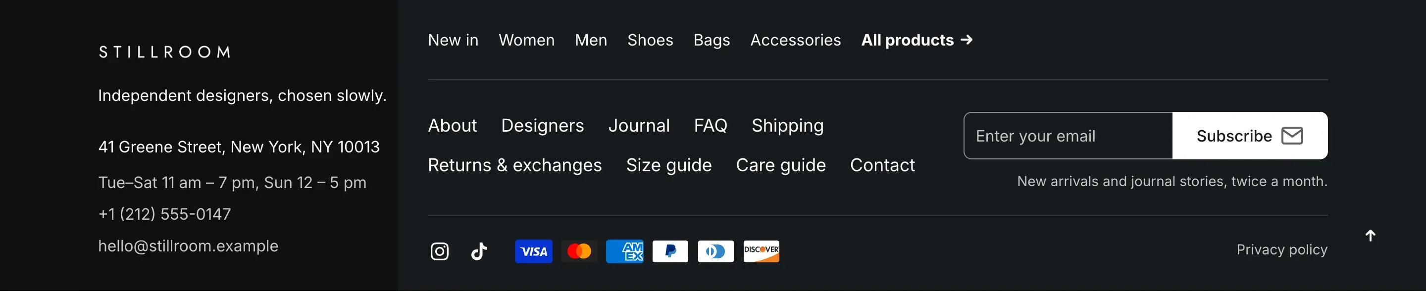 Dark footer that uses a dark color scheme with white text, next to a white page that uses a light scheme.