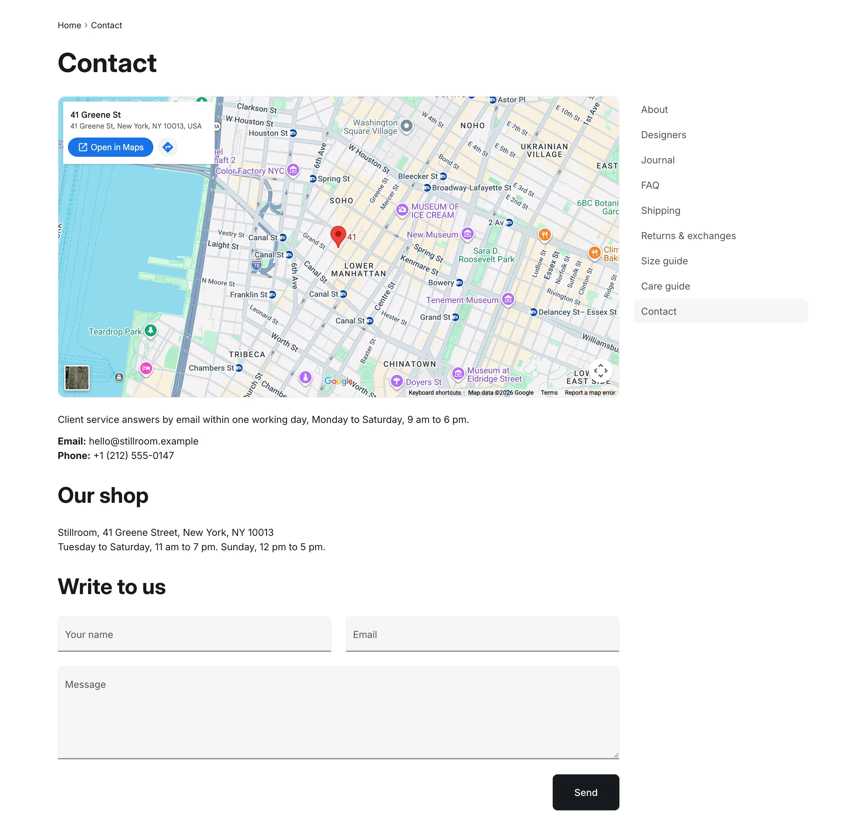 Contact page: the page title, a Google map with a store pin, contact details, a Write to us form with name, email and message fields and a Send button, and a side menu on the right with the current page highlighted.