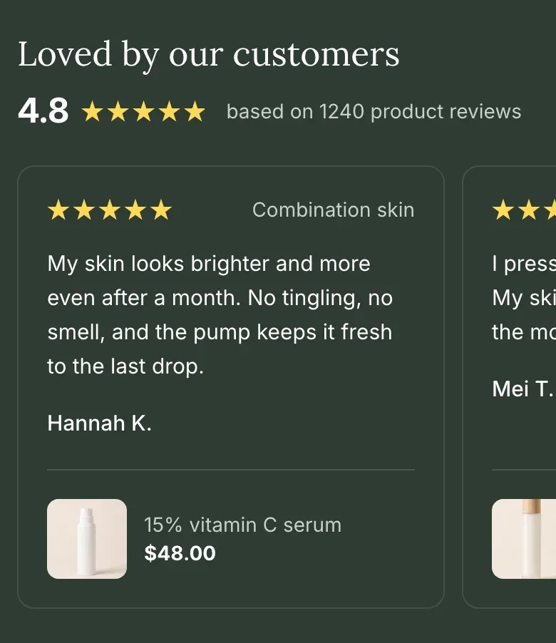 The same section on a phone: the heading and overall rating at the top, and below them a review card with the next card peeking in from the right.