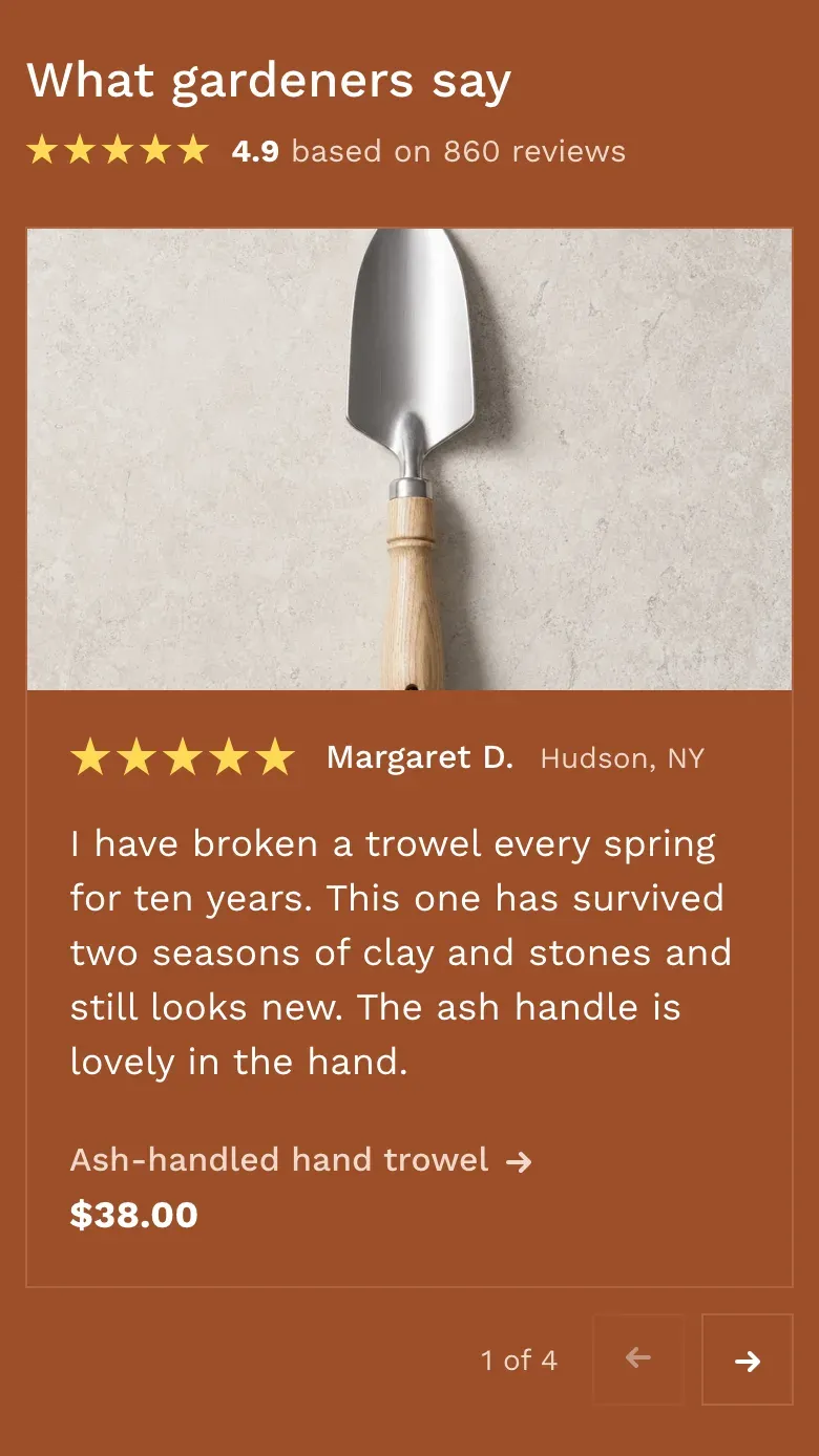 The Spotlight layout on a phone: the heading and overall rating aligned left, the product photo above the review text, and the counter with previous and next buttons under the card.
