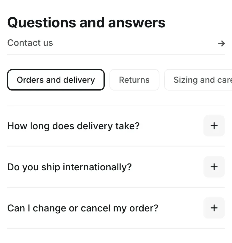 The same FAQ on a phone: the heading and link aligned left, a row of tabs that scrolls sideways and the list of closed questions.