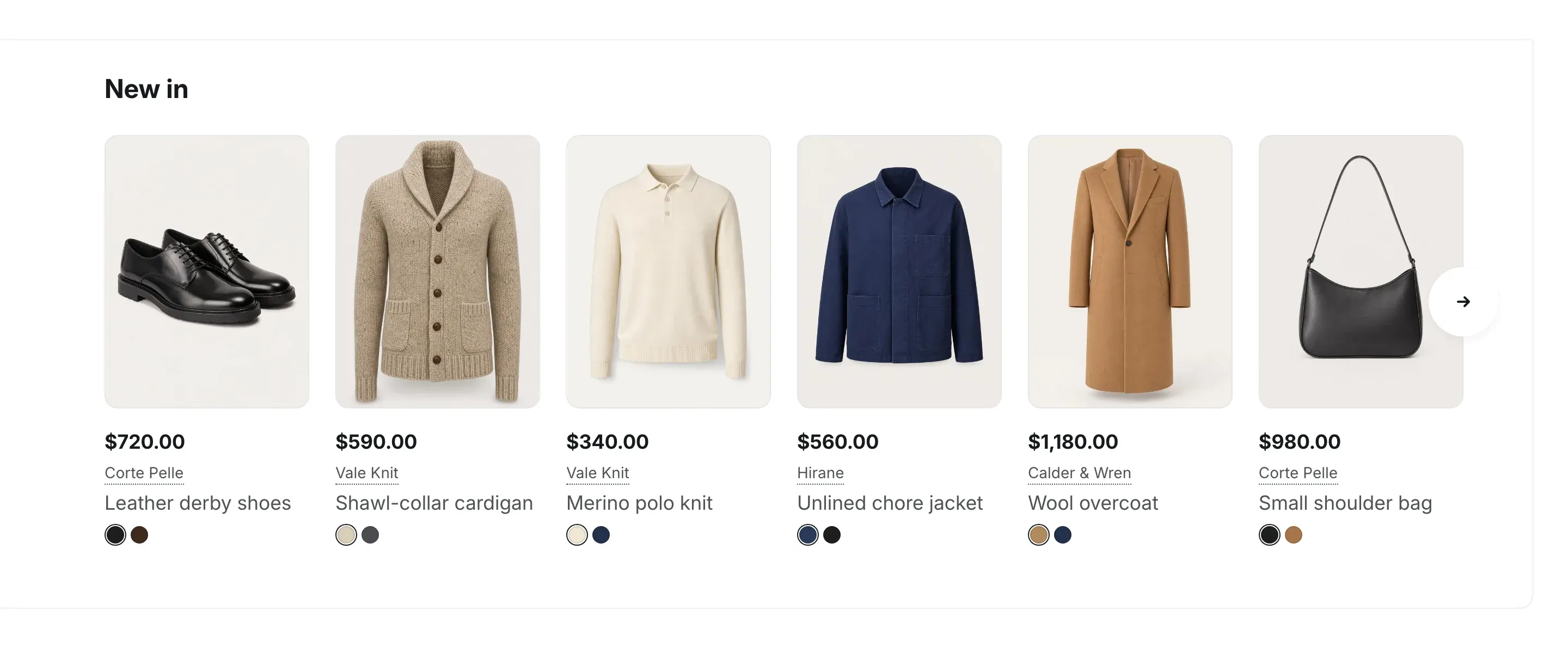 A Featured collection section with the heading “New in” and six product cards with prices, brand names, titles and color swatches, with an arrow button on the right.