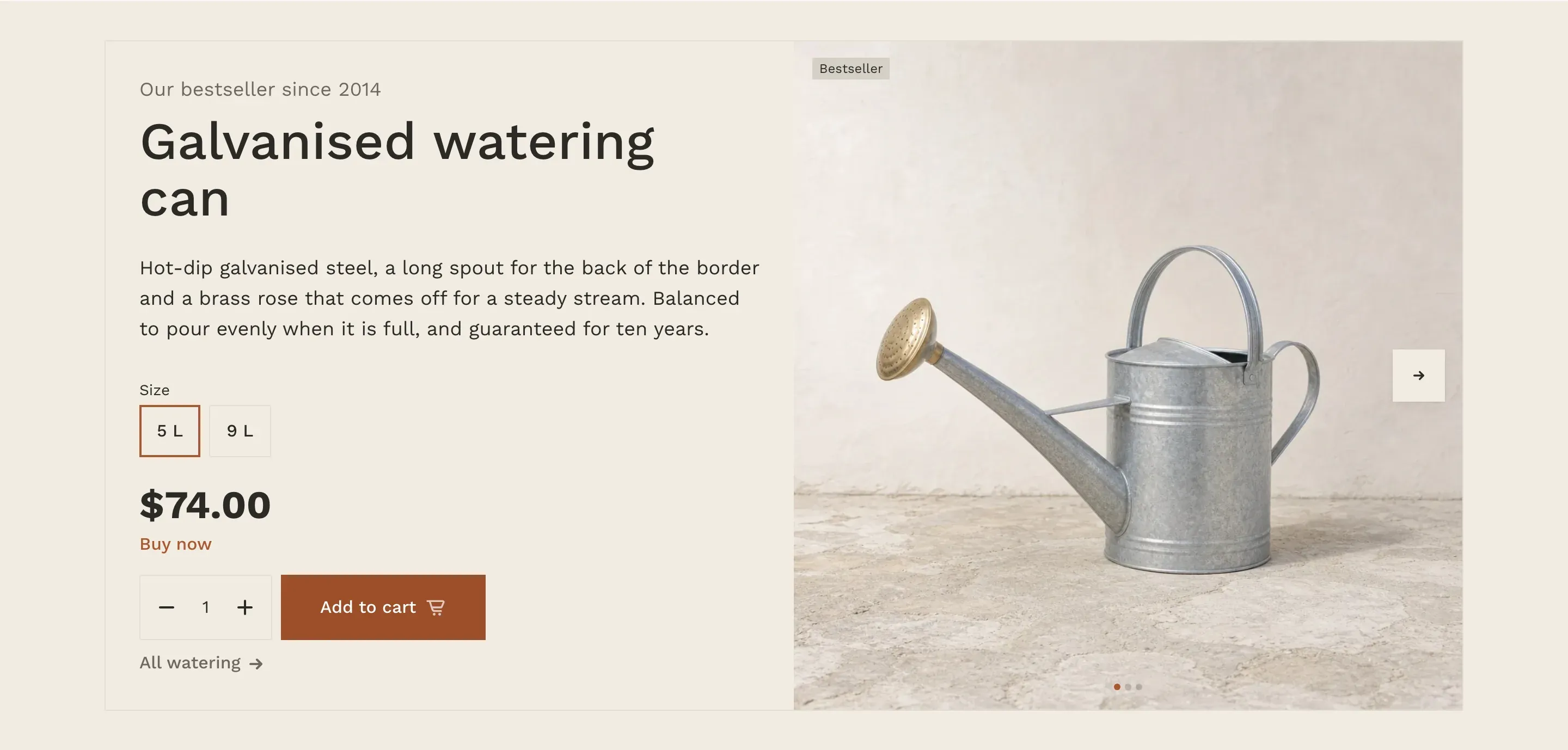 A Featured product section: on the left a subheading, the title “Galvanised watering can”, a short text, two size buttons, the price, a Buy now link, a quantity selector and an Add to cart button, and a link at the bottom; on the right a large product photo with a Bestseller label, an arrow button and dots.