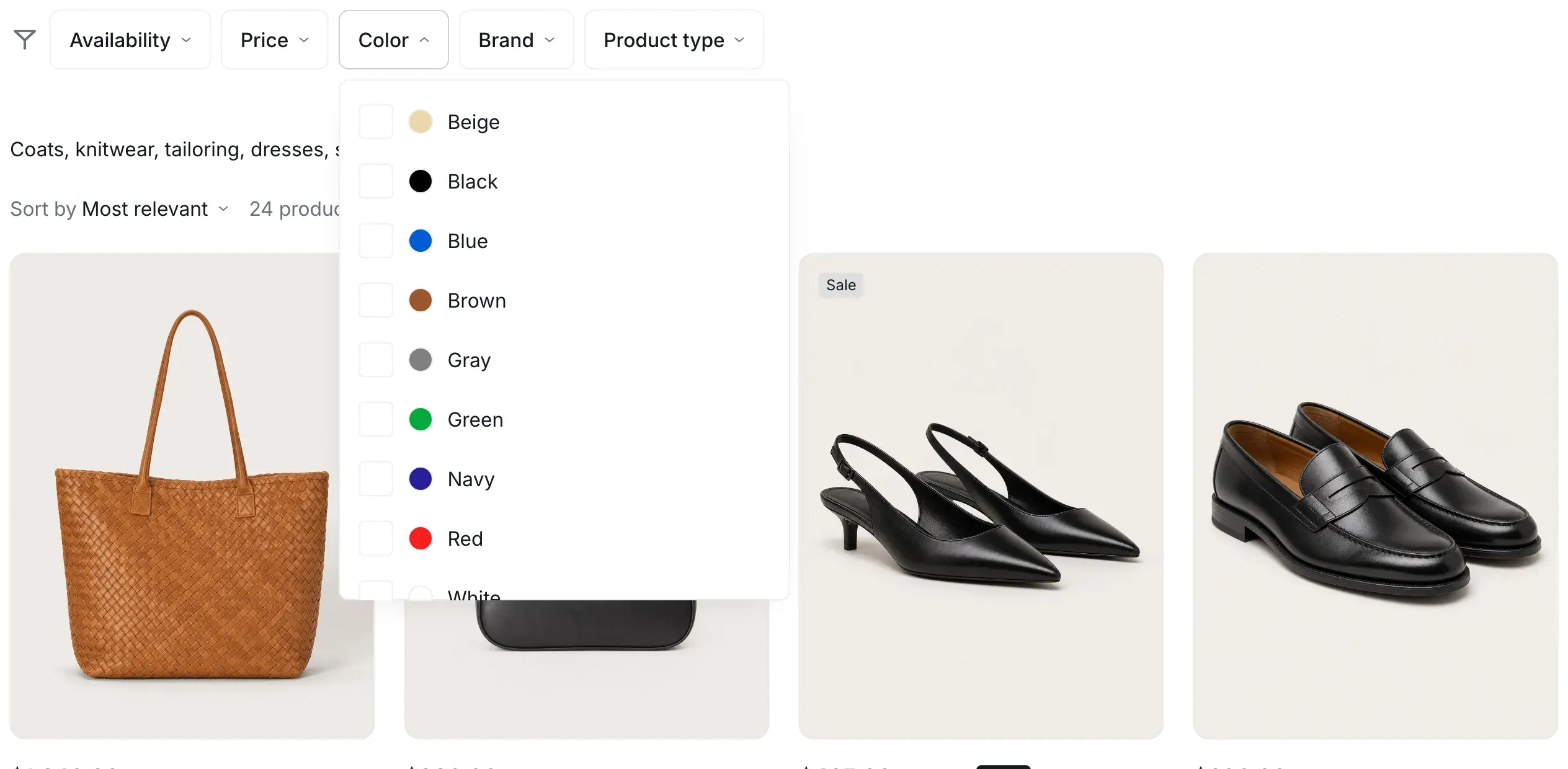 Filters above the products: Availability, Price, Color, Brand and Product type buttons. The Color dropdown is open and lists colors with round swatches and checkboxes.