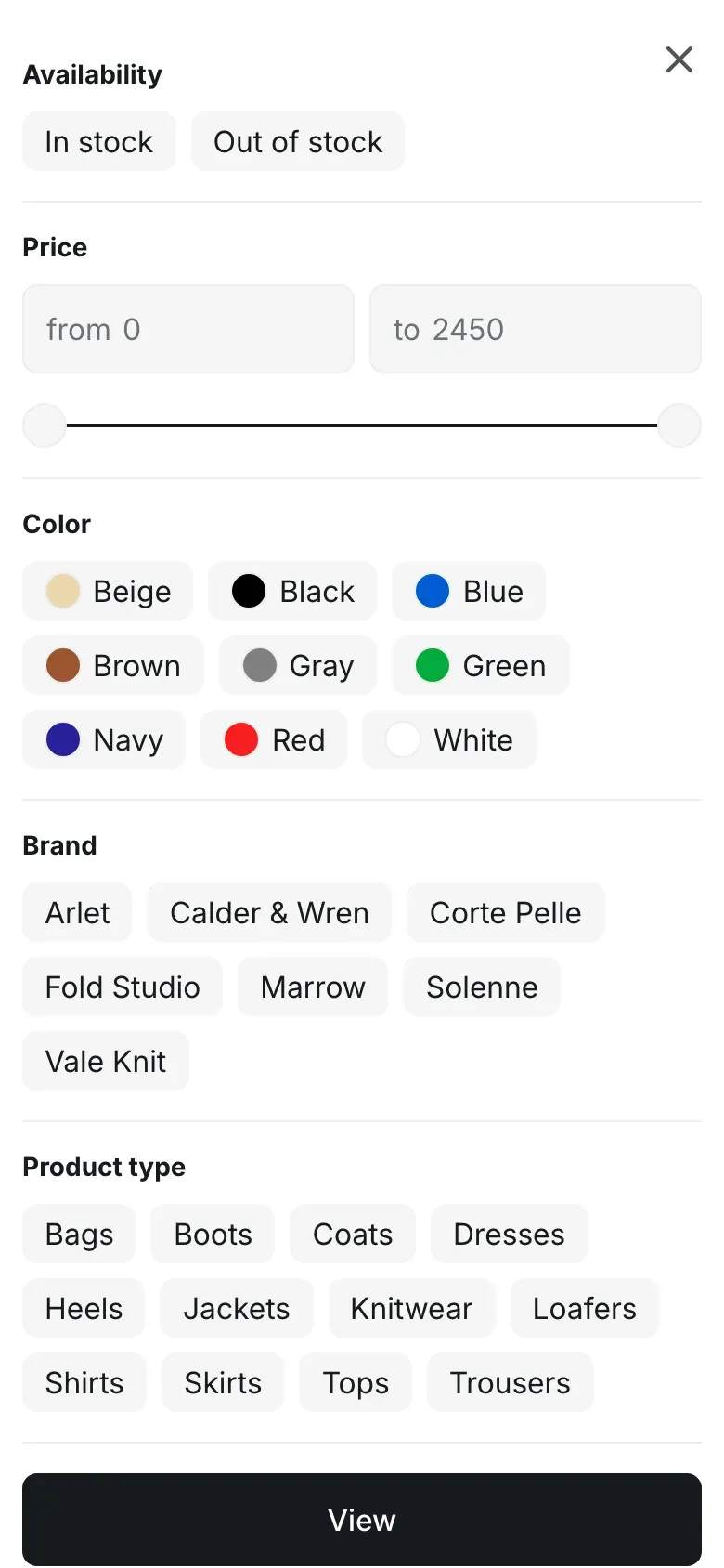 Mobile filter panel: Availability, Price with from and to fields and a slider, Color values with swatches, Brand and Product type values as pills, and a View button at the bottom.