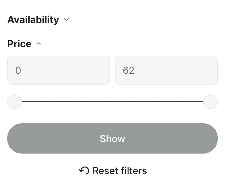 Sidebar filters: a closed Availability group, an open Price group with two fields and a slider, a Show button and a Reset filters link.