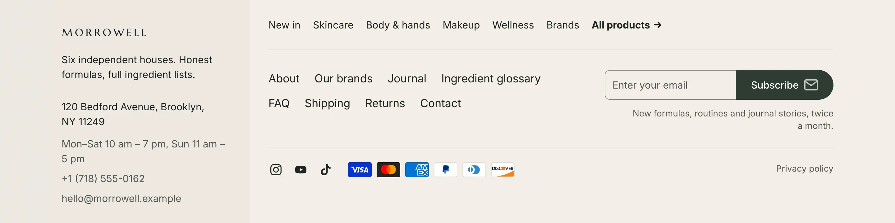 Classic footer on a light beige background with a slightly darker contacts column on the left, catalog links, footer menu, a dark green Subscribe button, social icons and payment icons.