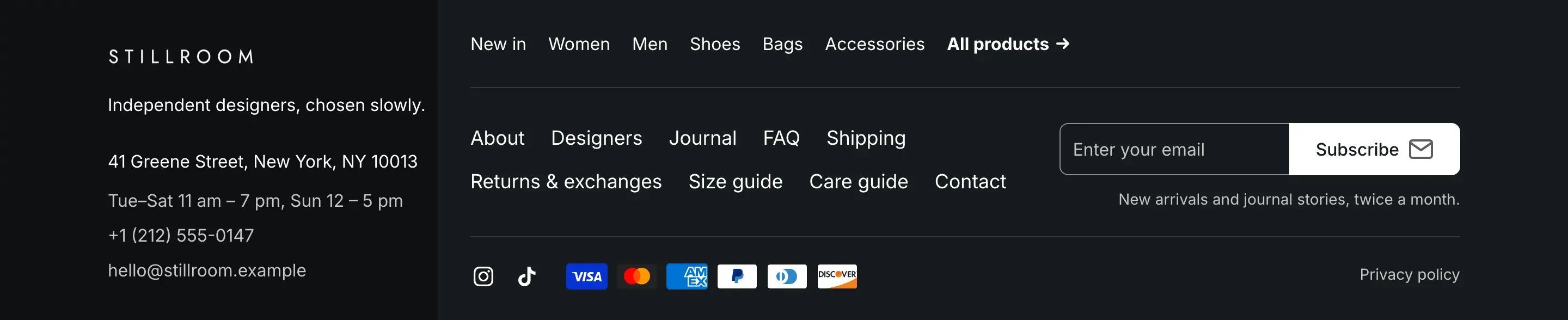Classic footer on a dark background: the logo, tagline, address, hours, phone and email in a slightly darker column on the left; catalog links with All products, footer menu links, an email field with a Subscribe button, then Instagram and TikTok icons, payment icons and a Privacy policy link.