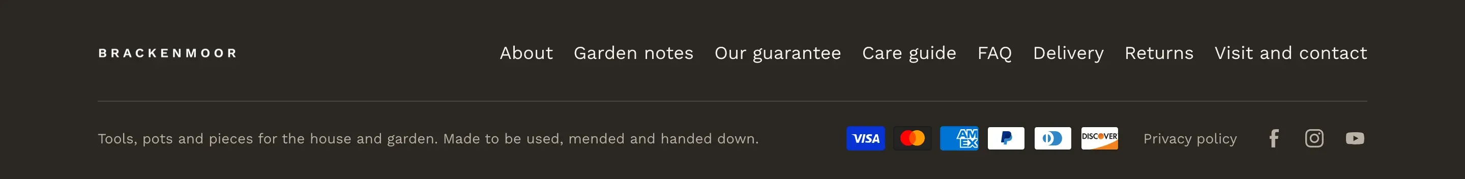 Compact footer on a dark brown background: the logo and a row of footer menu links, then a line of copyright text, payment icons, a Privacy policy link and social icons.