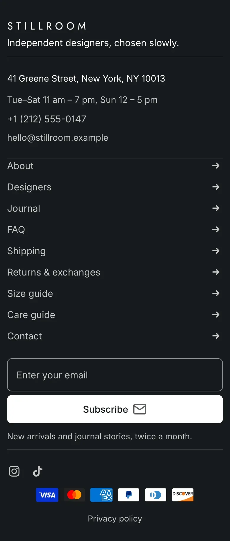 Mobile classic footer: the logo and tagline, the contact details, footer menu links in full-width rows with arrows, a full-width email field and Subscribe button, social icons, payment icons and the Privacy policy link.