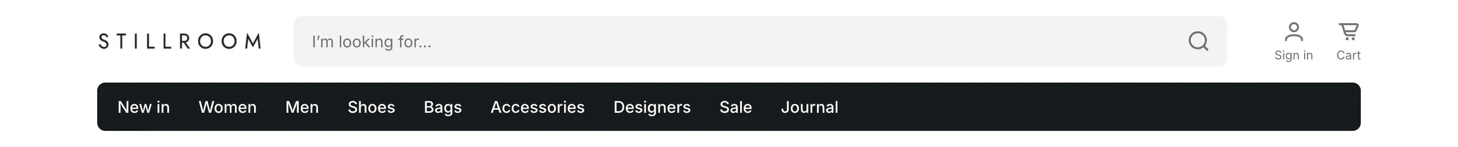 Header in the Category band layout: logo, a wide search field, Sign in and Cart icons with labels, and a dark band of catalog links.