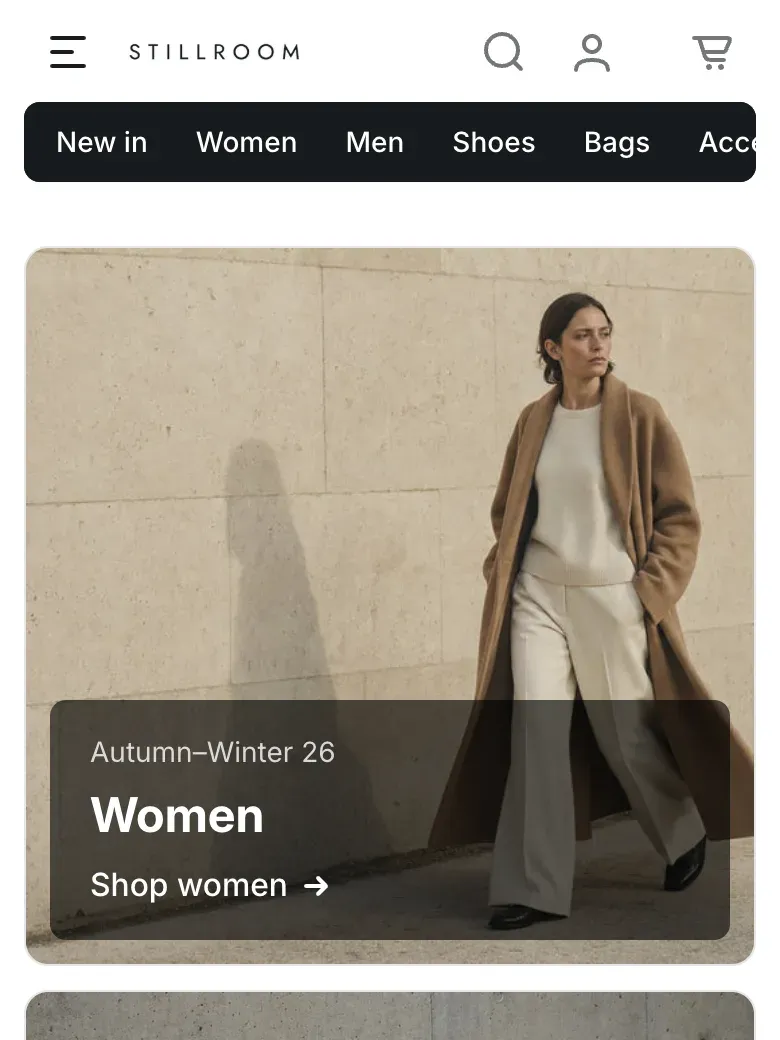 Mobile header: a menu button, the logo, search, account and cart icons, and a scrollable band of catalog links below.