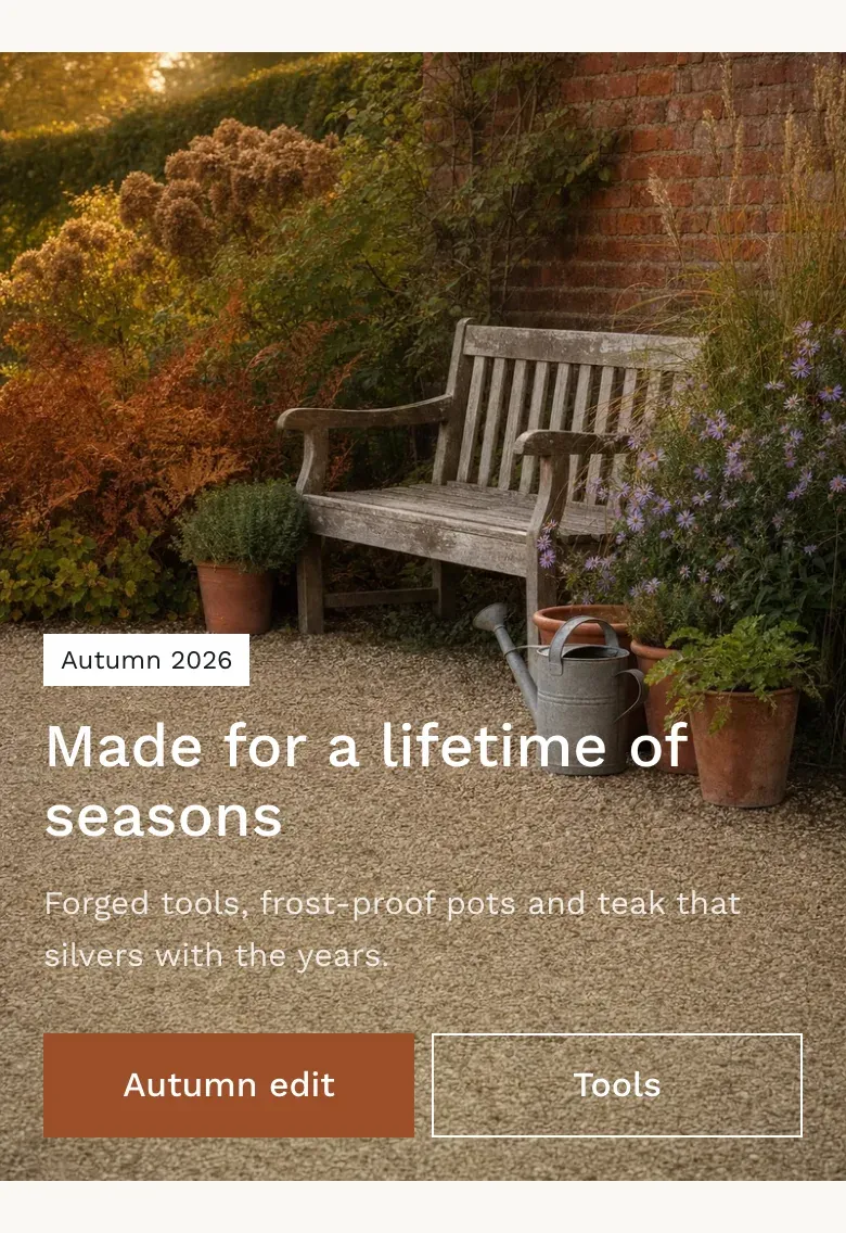 Mobile hero banner with Over the image: a garden photo with a white label, a white heading, a line of text and two buttons side by side at the bottom.
