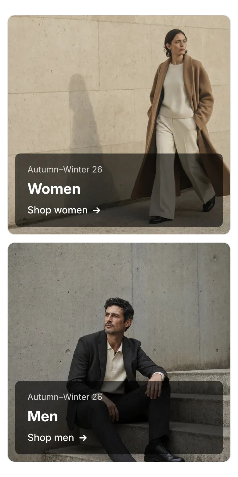 Mobile image tiles stacked one under the other, each with a dark caption at the bottom.