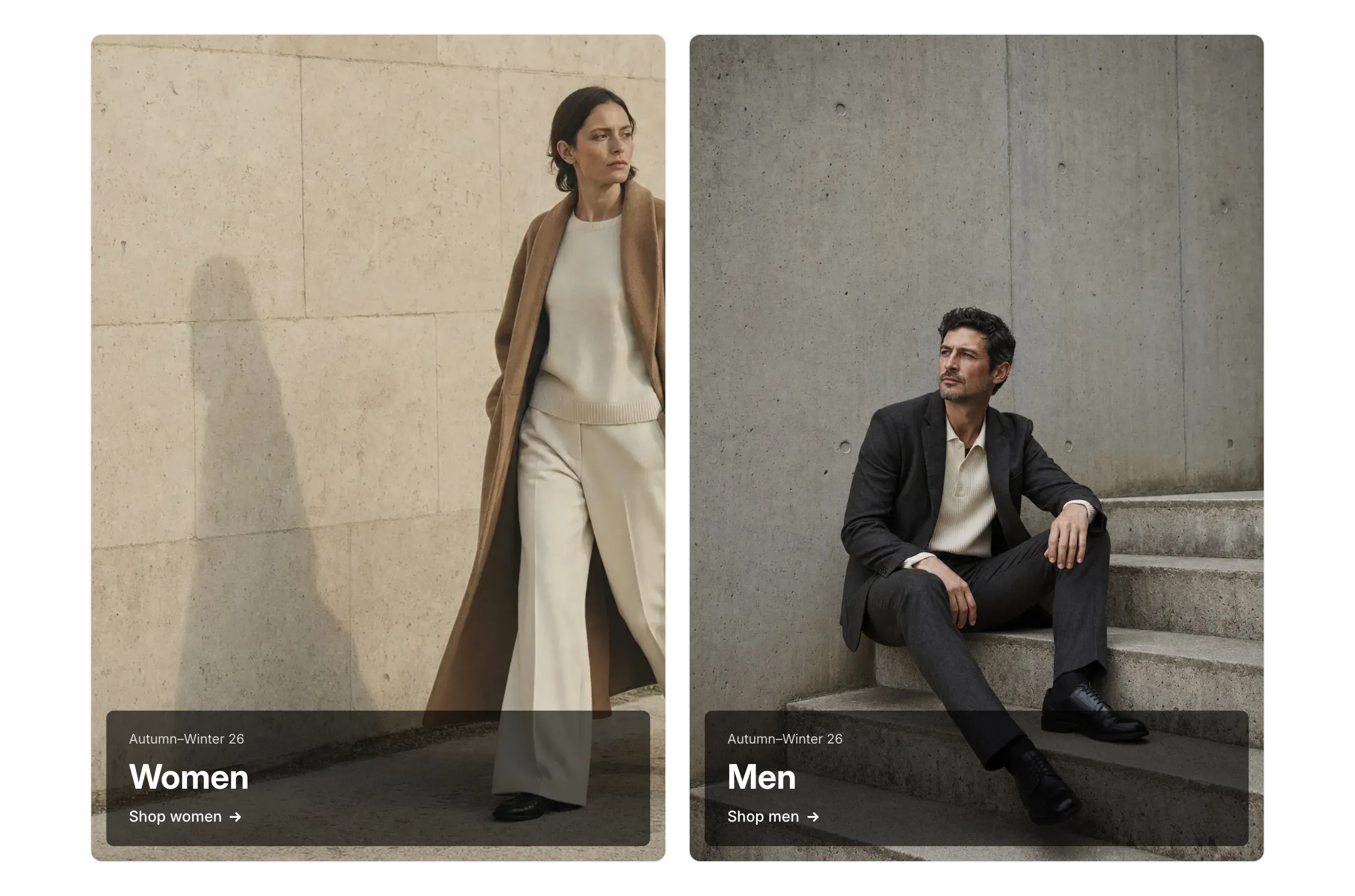Two image tiles side by side, each with a photo of a model and a dark caption: a small label, the heading Women or Men, and a Shop link with an arrow.