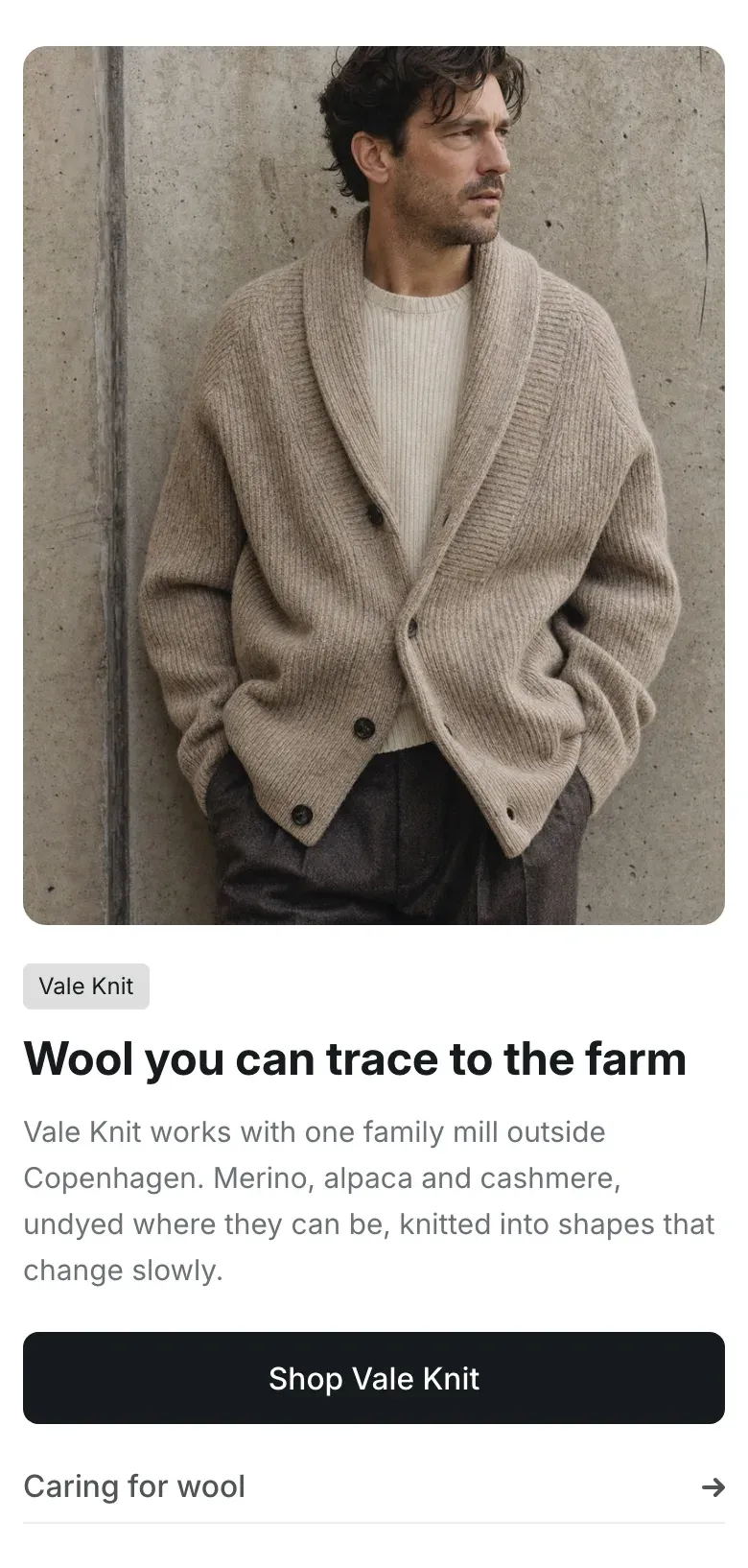 Mobile image with text: the photo on top, then the label, heading, paragraph, a full-width button and a full-width link with an arrow.