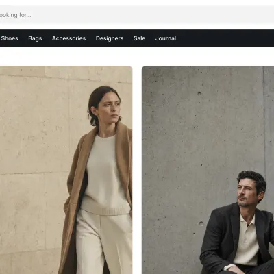 Store home page built with Alpha Start, with the logo, a wide search bar and a dark band of catalog links above campaign images.