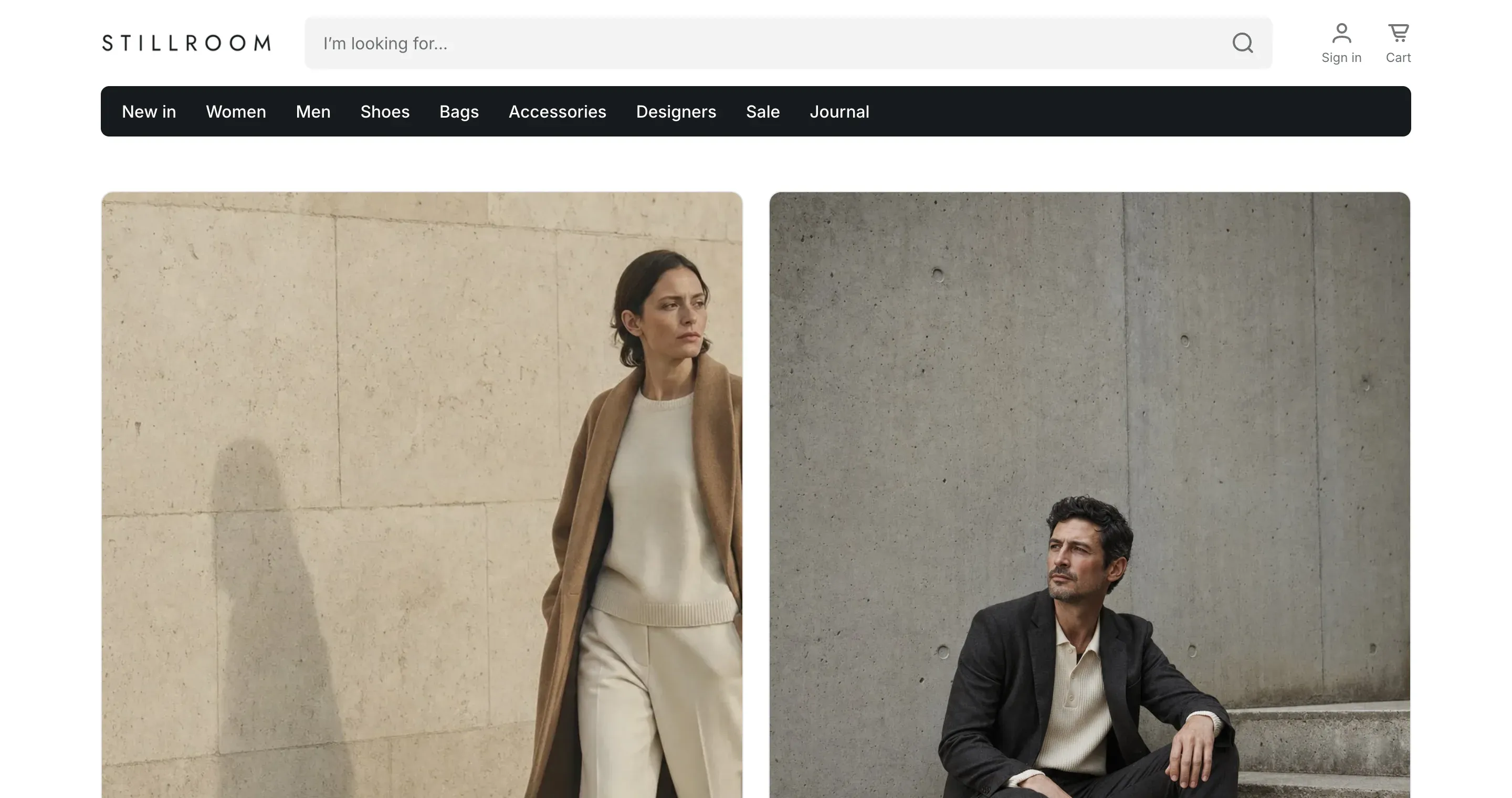 Store home page built with Alpha Start: the logo, a wide search bar, account and cart icons, and a dark band of catalog links above two campaign images.