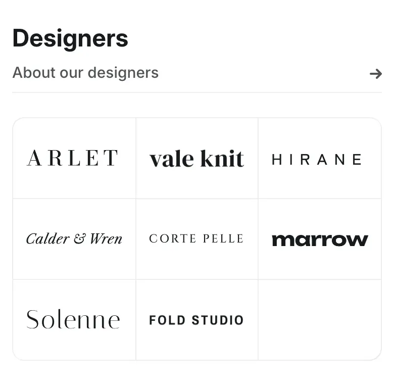 A section on a phone: the heading “Designers”, the link “About our designers” with an arrow on the right and a line under it, and a grid of brand logos.