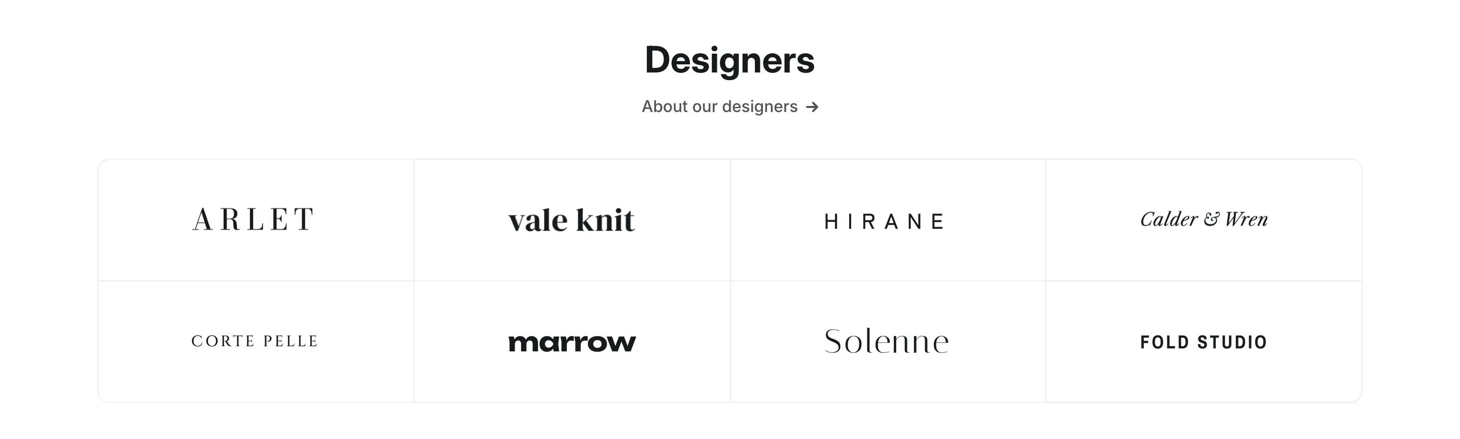 Logo list with the heading “Designers”, the link “About our designers” and eight brand logos in a grid of four columns and two rows.