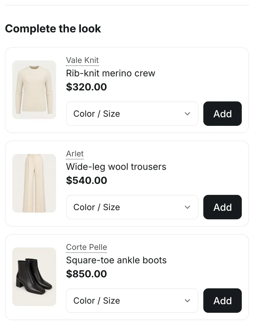Complete the look block with three rows: a merino crew, wool trousers and ankle boots, each with a brand, price, a Color / Size menu and an Add button.