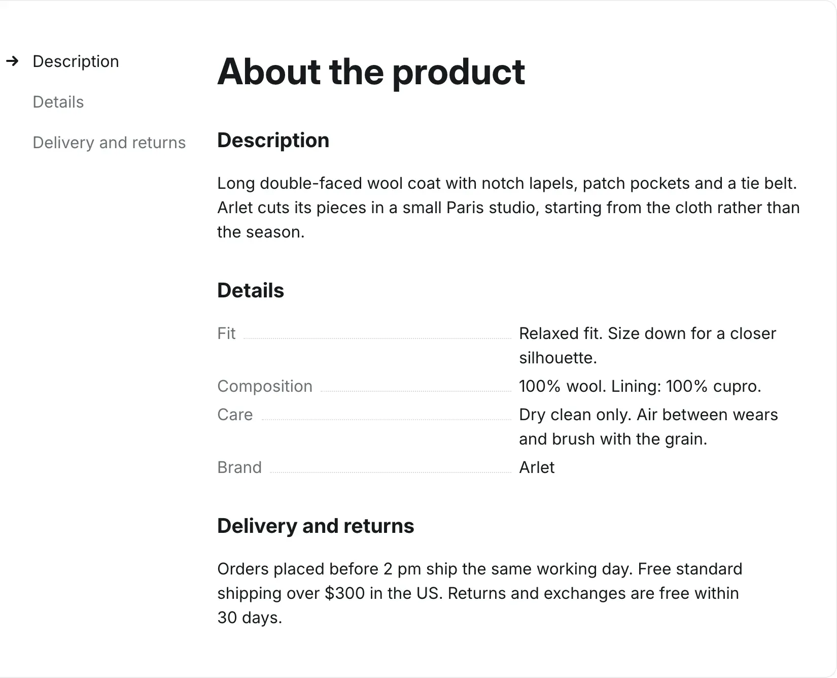 About the product area: a list of links on the left (Description, Details, Delivery and returns) and on the right the description text, a Details table with Fit, Composition, Care and Brand rows, and a Delivery and returns text.