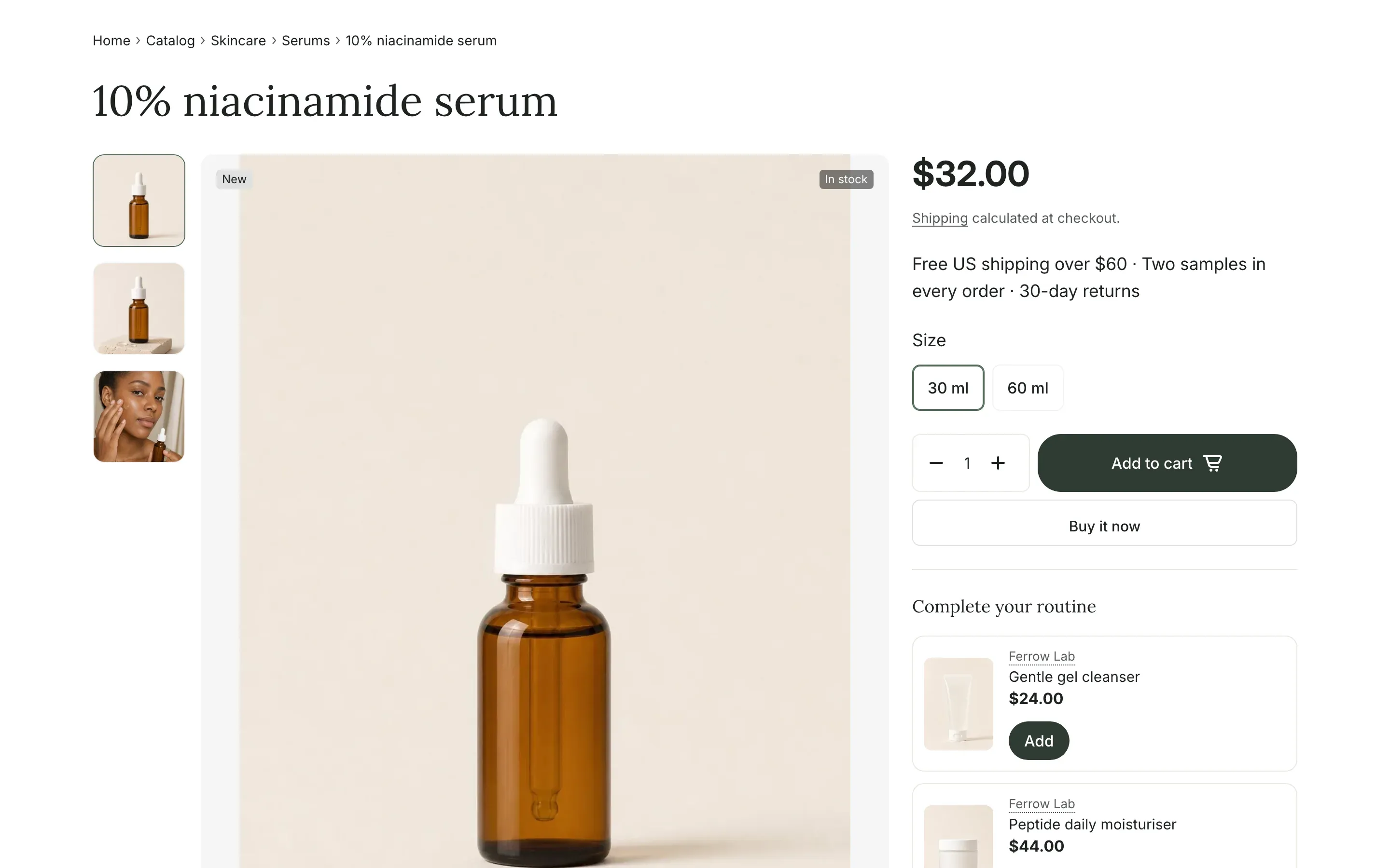 Classic layout: the product title across the top, a column of three thumbnails, a large image with New and In stock badges, and the purchase column with the price, a short text, size buttons, Add to cart, Buy it now and a Complete your routine list.