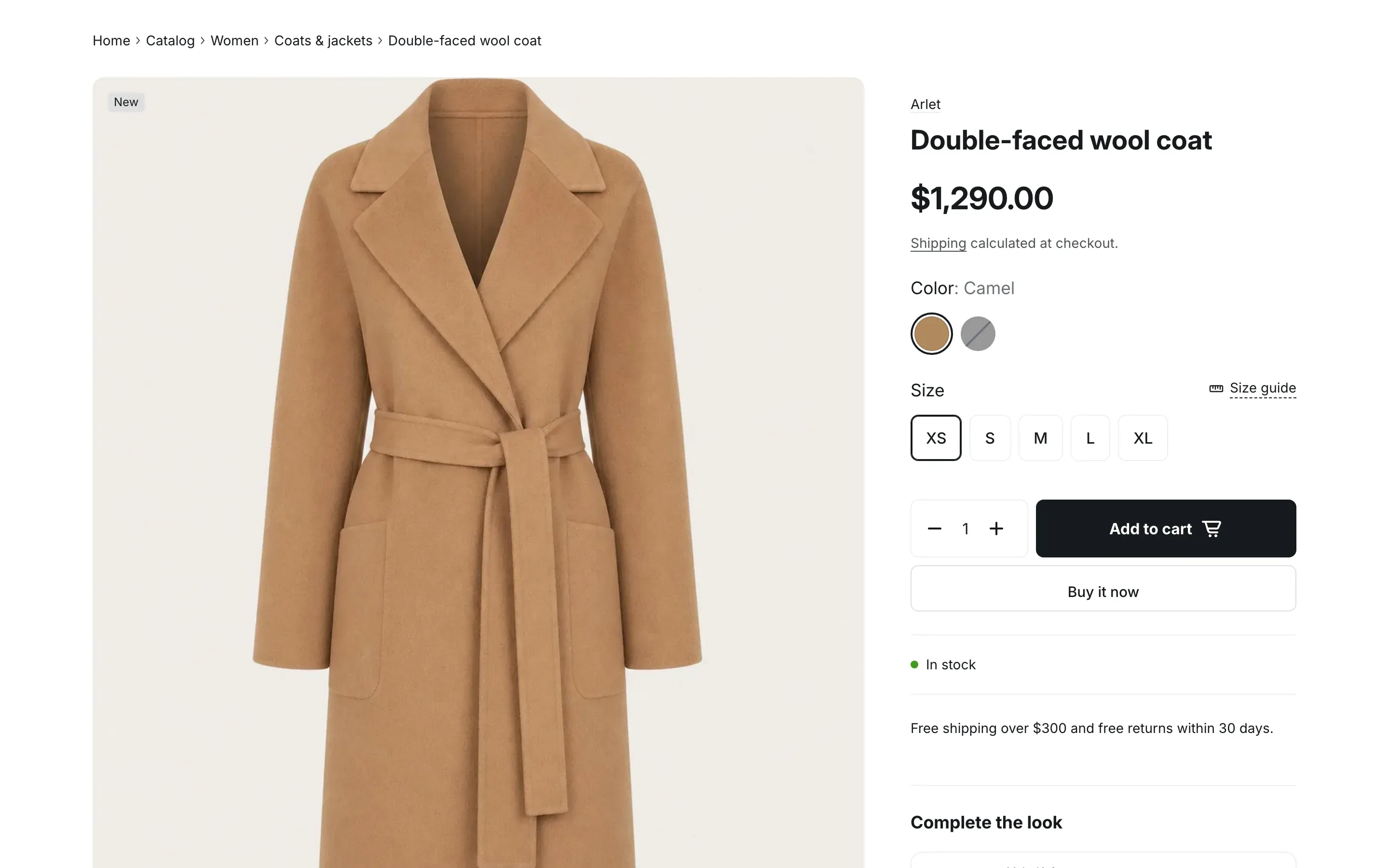 Product page in the Gallery layout: breadcrumbs, a large product photo on the left, and on the right the brand, title, price, round color swatches, size buttons with a Size guide link, a quantity field, Add to cart and Buy it now buttons, an In stock status and a short text.