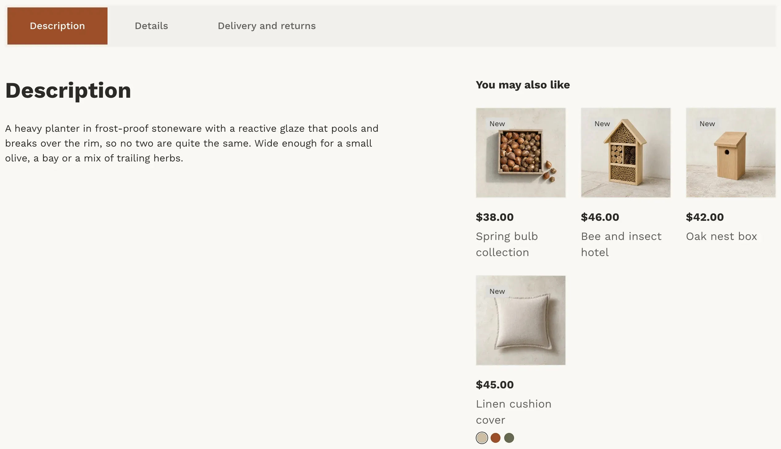 Product information as tabs: a row of Description, Details and Delivery and returns tabs with Description selected, the description text below, and a You may also like column with four product cards on the right.