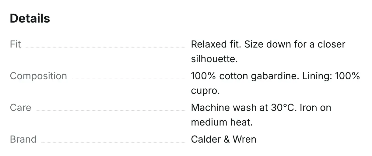 A Details table on a product page with dotted lines between names and values: Fit, Composition, Care and Brand.